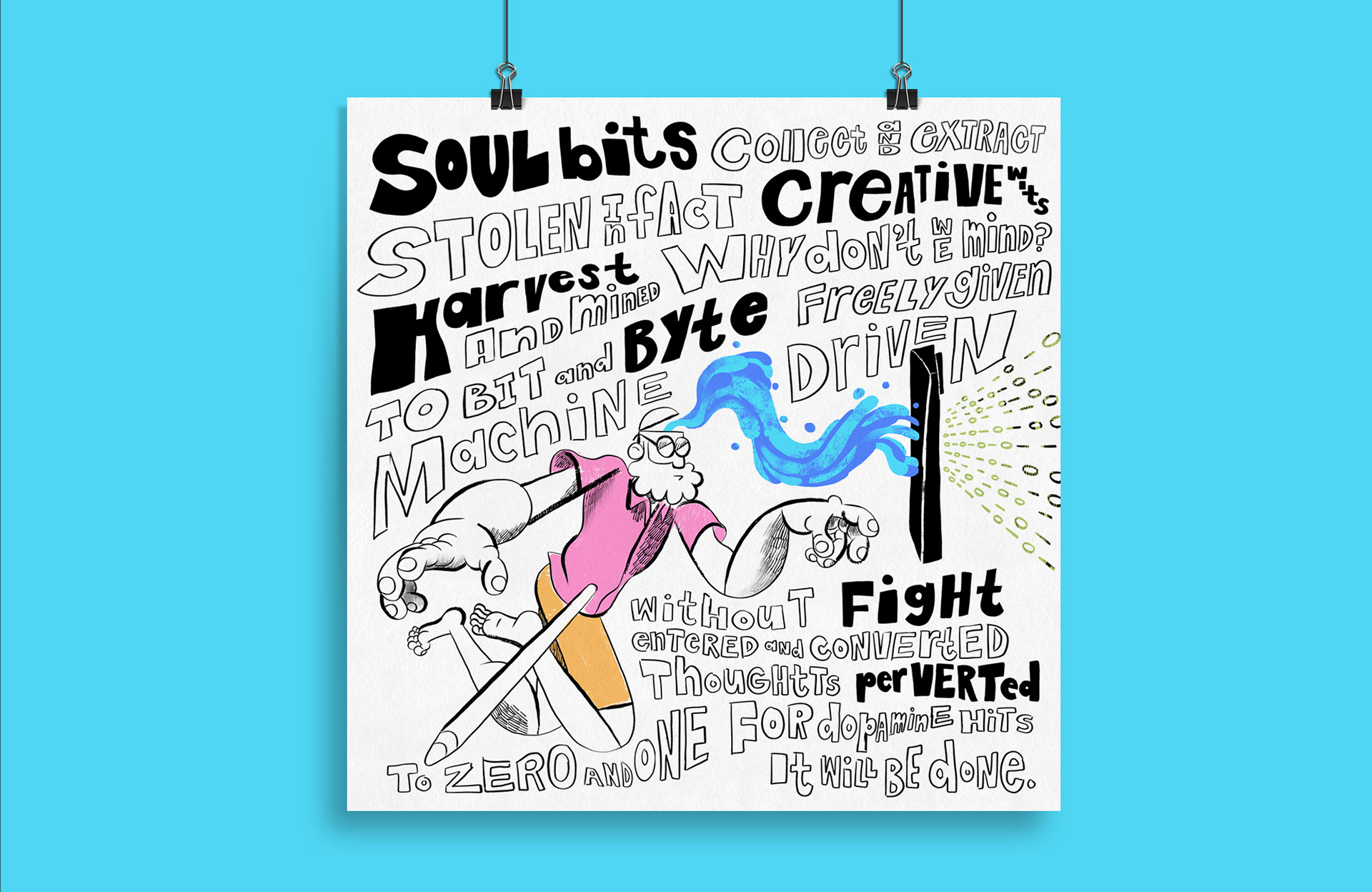 hanging artwork showing Illustration of a dreamlike character floating in a white void, surrounded by Hand-drawn rhymes surrounding a central figure, representing the flow of thoughts and creativity in the digital age