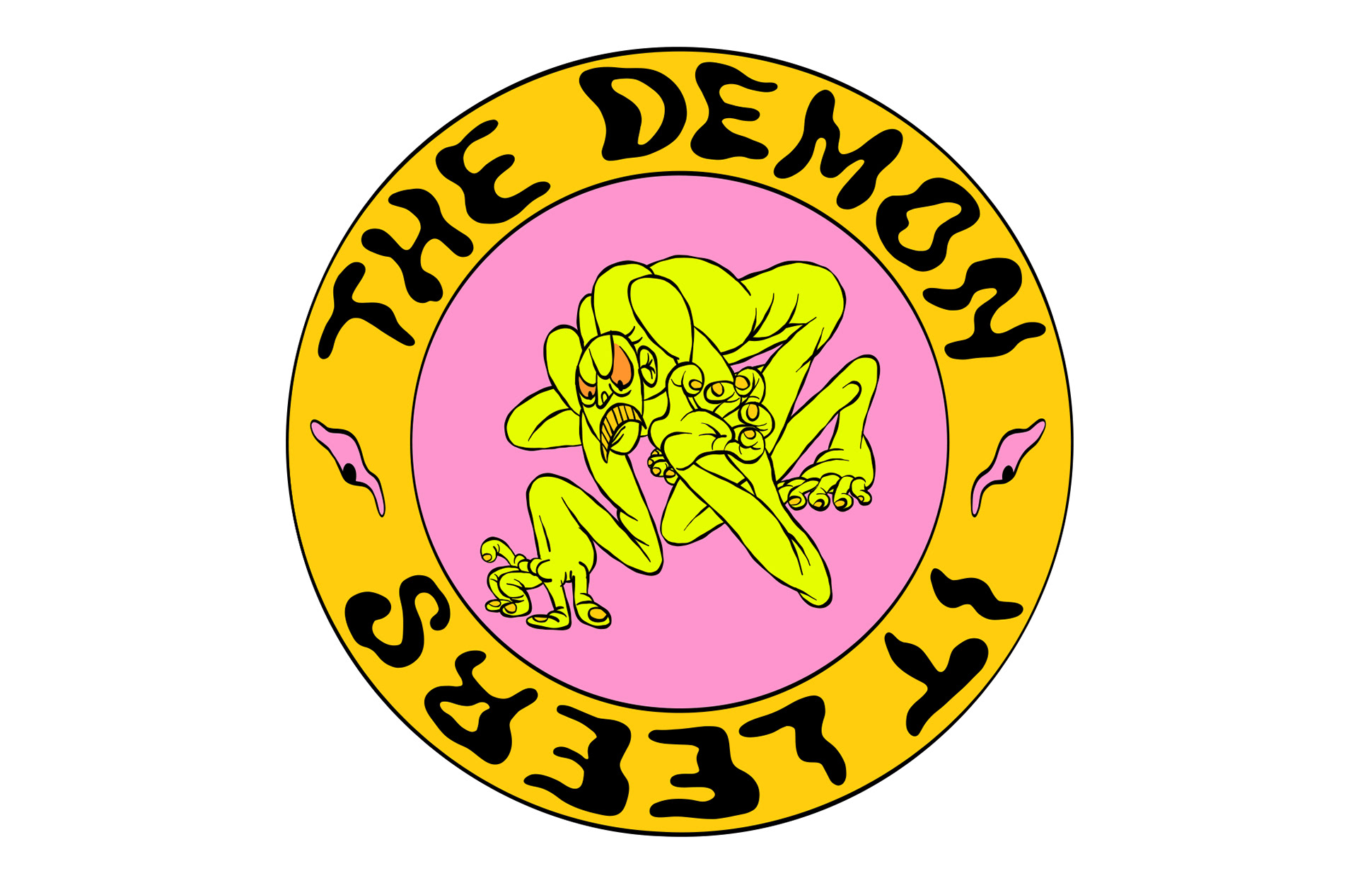 Illustration of a vibrant yellow demonic figure leering menacingly at the center of a circular logo-style design, with colors of yellow, pink, and orange creating a sense of intensity