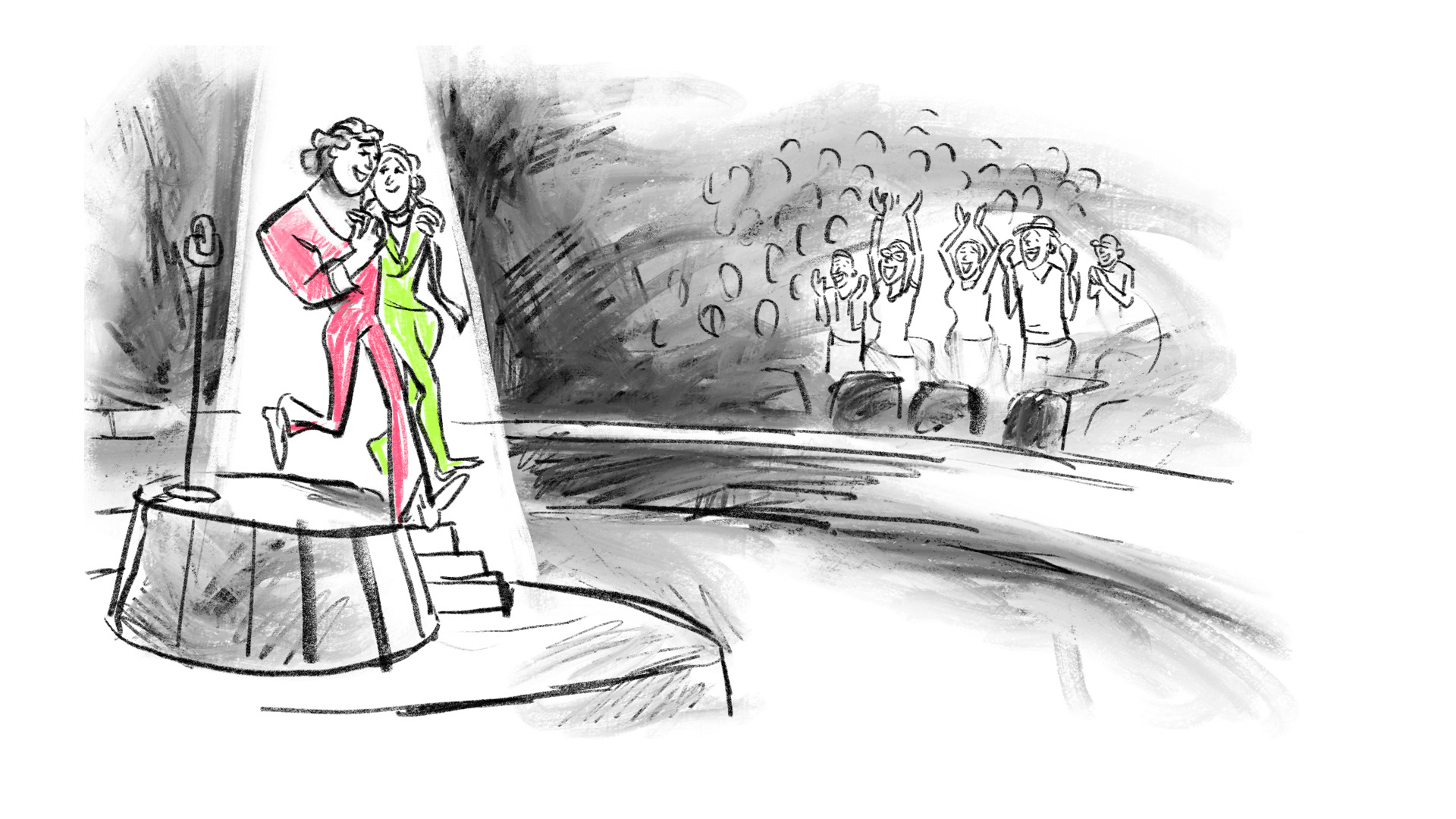 Charcoal sketch of happy performers embracing each other as they walk off stage, celebrating the joyful news of pregnancy in Matilda The Musical.