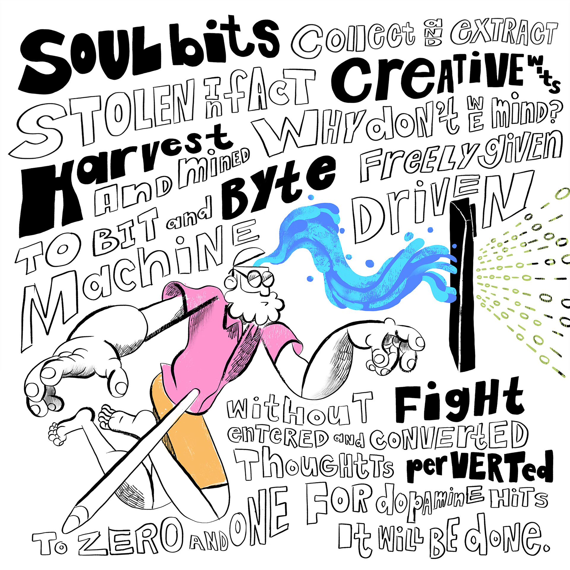 Illustration entitled Harvest of a dreamlike character floating in a white void, surrounded by Hand-drawn rhymes surrounding a central figure, representing the flow of thoughts and creativity in the digital age