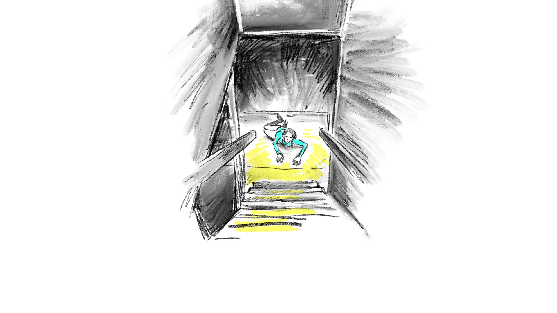 Charcoal sketch of a young girl lying on the basement floor, locked in darkness, with a view from the stairs capturing a tense moment in Matilda The Musical.