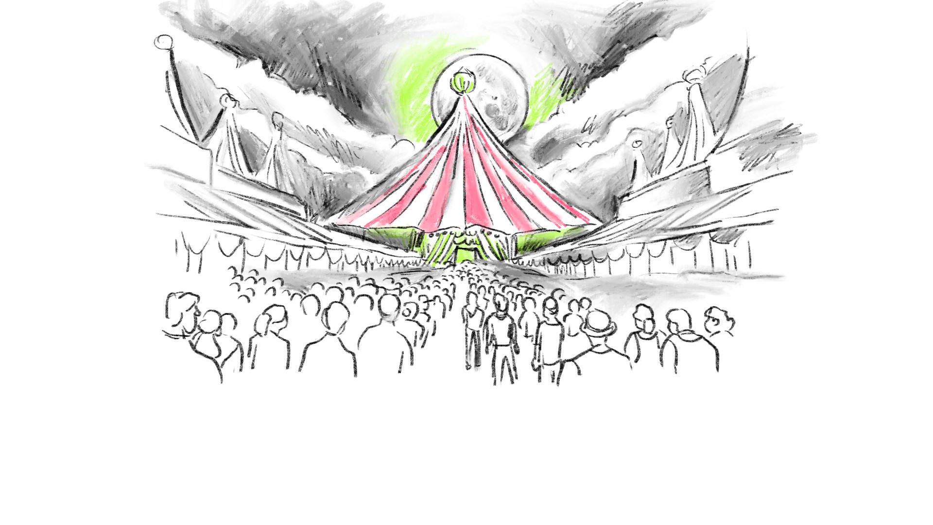 Charcoal sketch of a crowd lining up to enter a circus performance tent, evoking anticipation and excitement in Matilda The Musical
