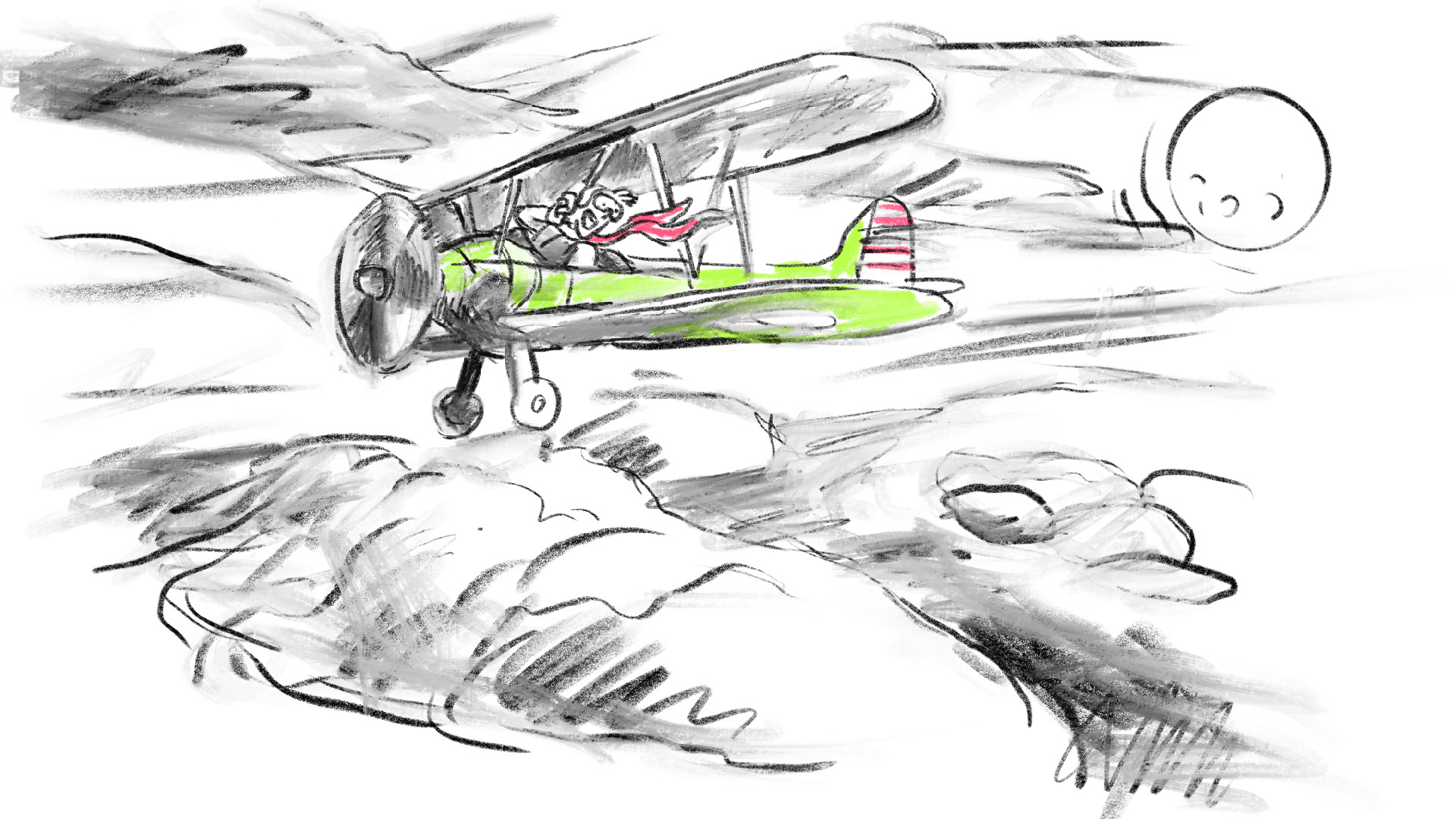 Charcoal sketch of a pilot flying a plane overhead, with the audience below gasping in awe, capturing a thrilling moment in Matilda The Musical