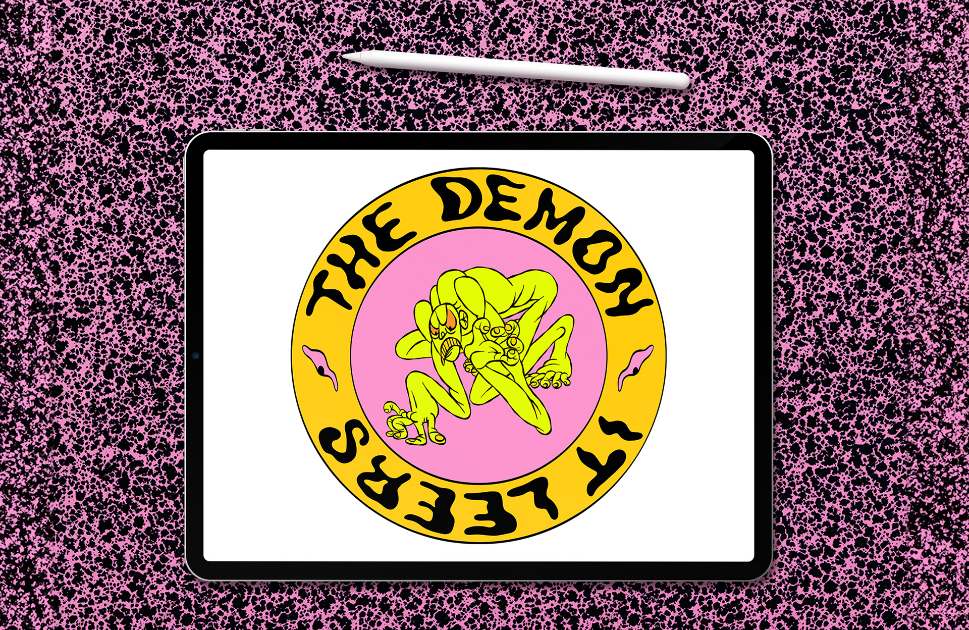 iPad showing the artwork Illustration of a vibrant yellow demonic figure leering menacingly at the center of a circular logo-style design, with colors of yellow, pink, and orange creating a sense of intensity