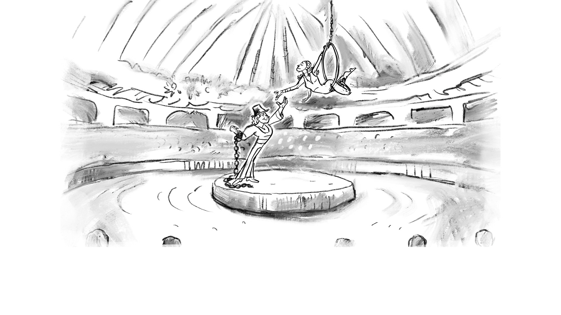 Charcoal sketch of an acrobat performing a daring aerial stunt, illustrating the imaginative storytelling in Matilda The Musical