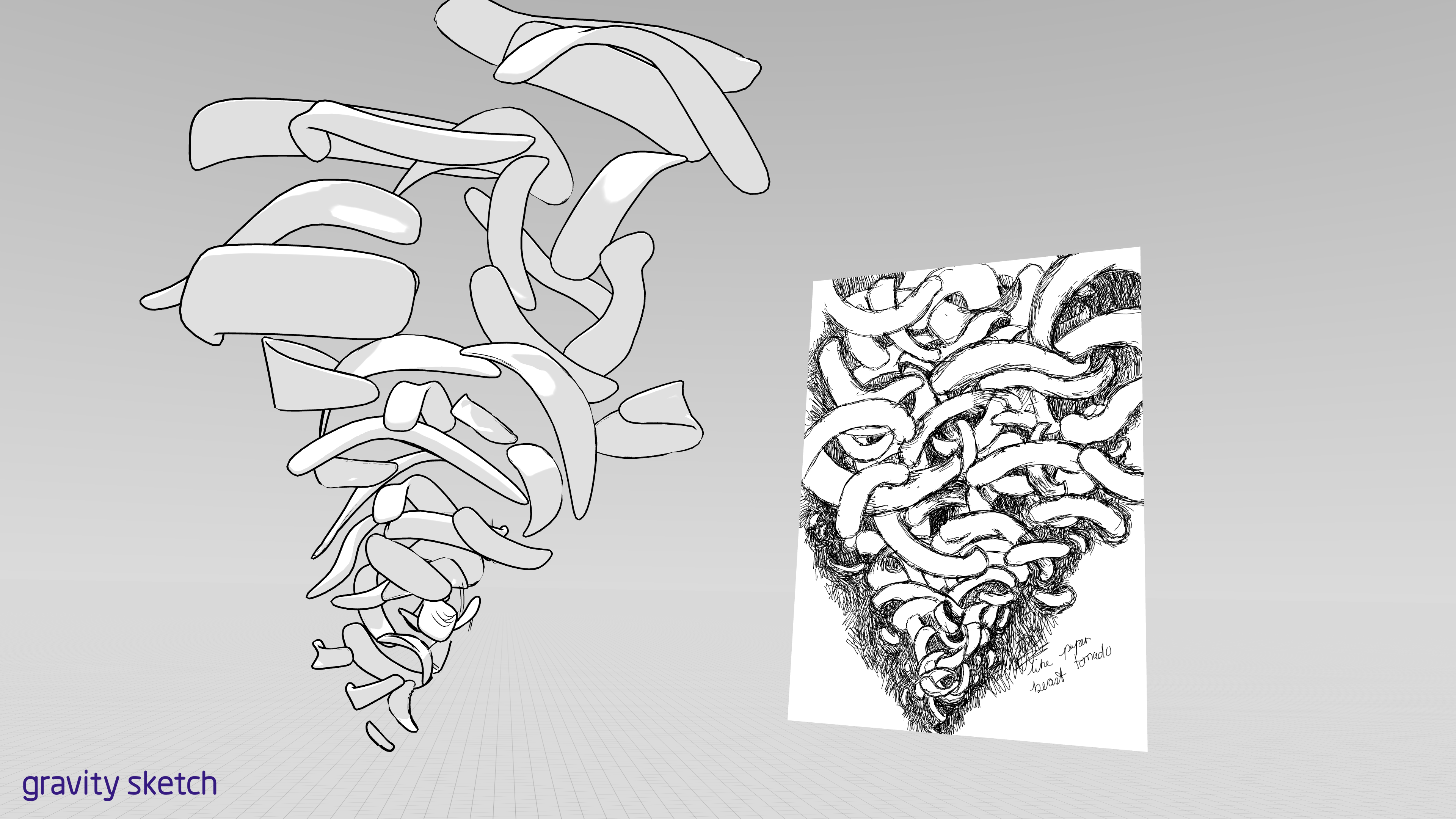 White tornado sketch in progress in VR