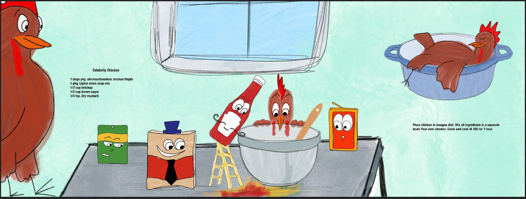 a colourful picture with characters and text for a recipe.