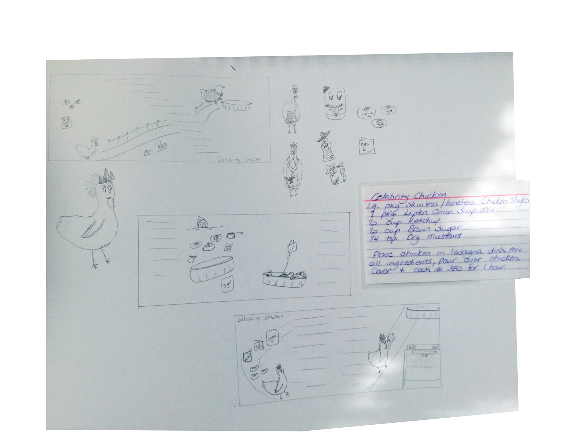sketches of chickens and other characters with a picture of a recipe card.