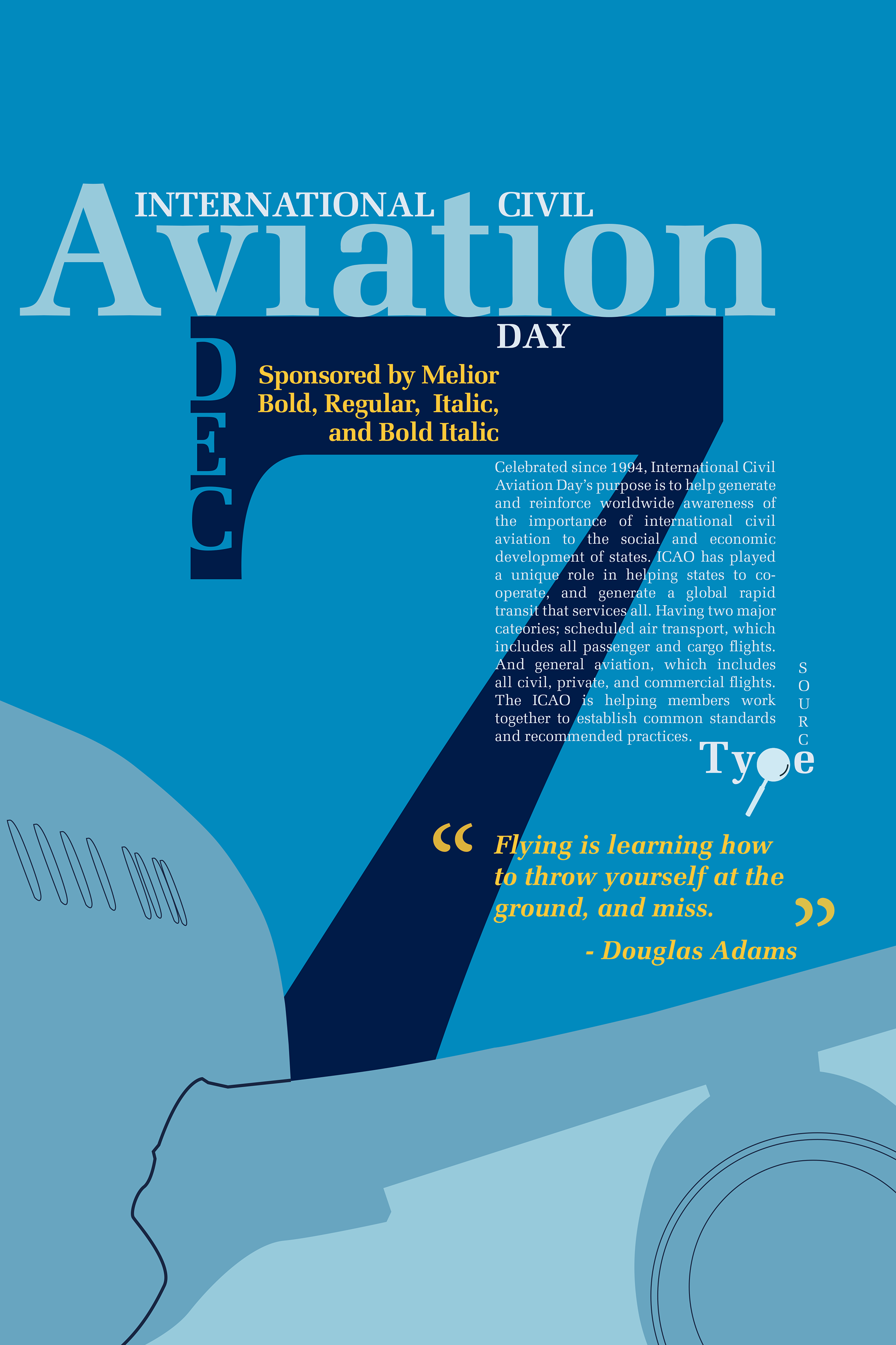 poster for international civil aviation day in different tones of blue, yellow, and white.