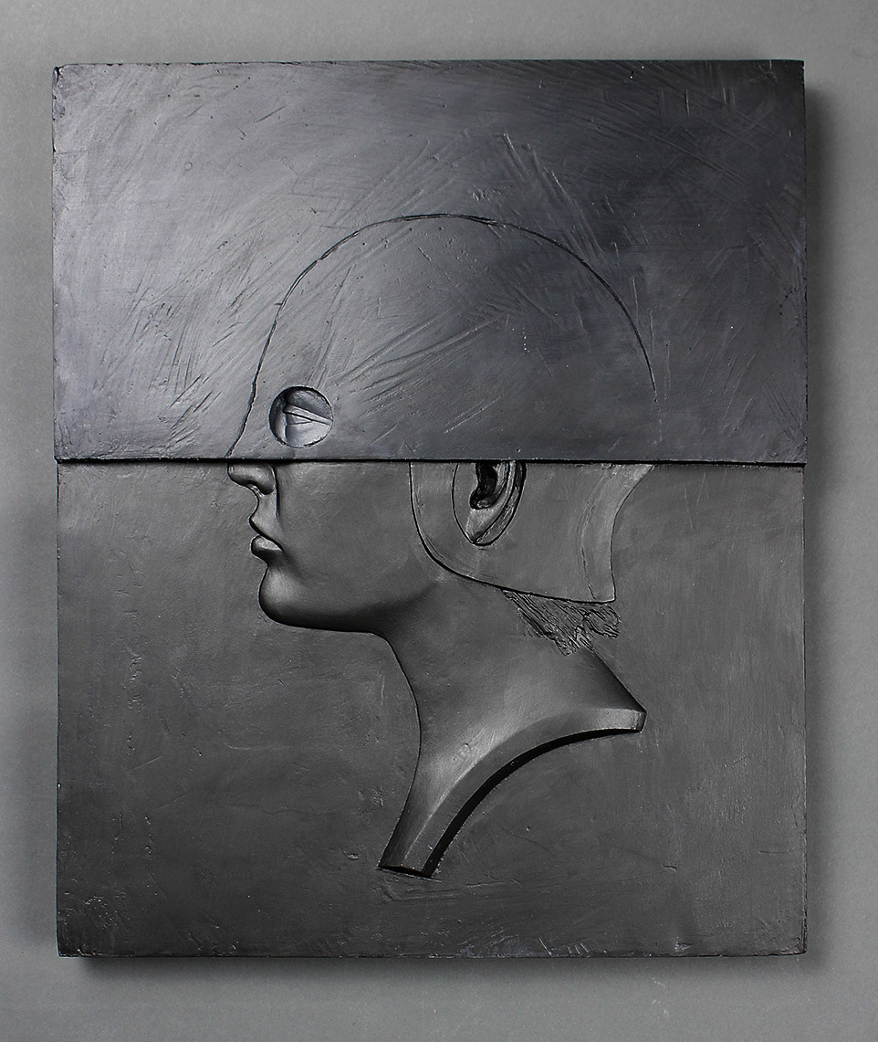 “Not Looking Back”, 2019, plaster, paint, 14.5”w x 17.25”h x 1.5”d