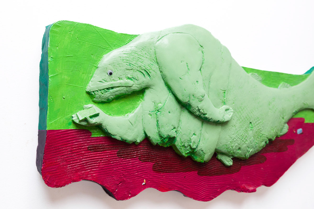 “Trash Fish”, 2024, Fiberglass reinforced plaster, googly eye, paint, 24.75”w x 10.75’h x 2.5”d