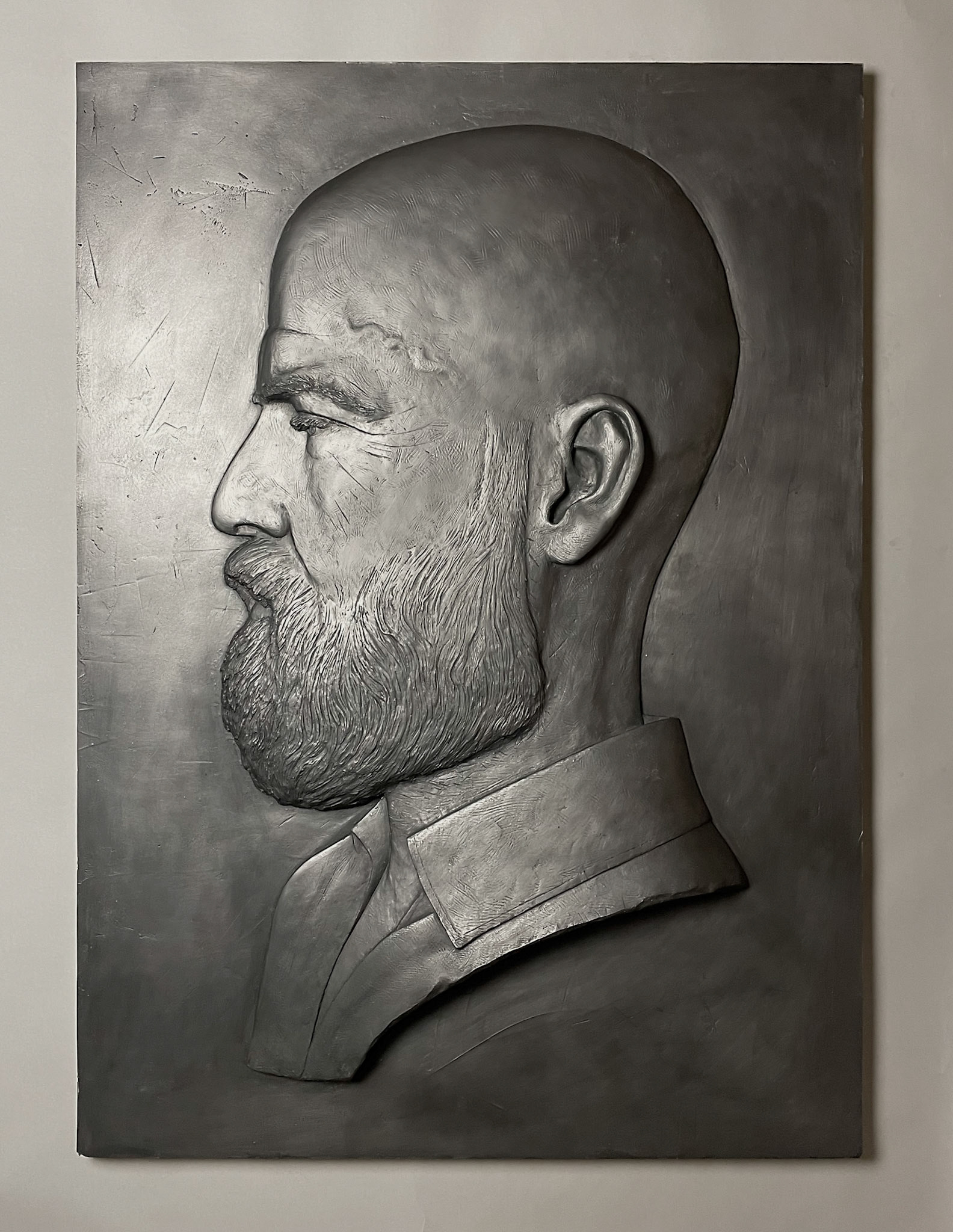 "Fightin' Doug", 2022, Fiberglass reinforced plaster, graphite, resin, wood, 28"w x 38"h x 3"d