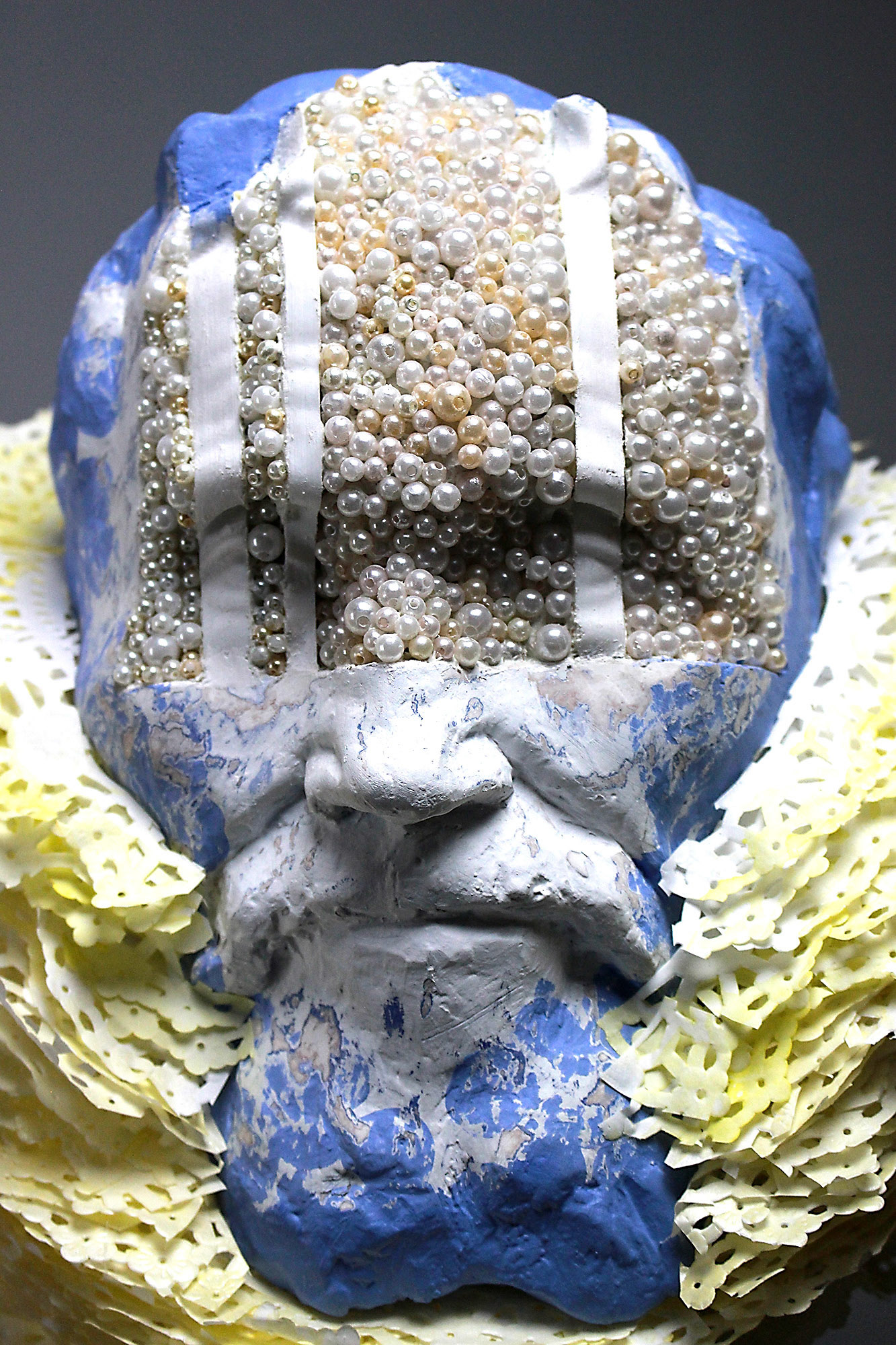 “Gills: Grow A Pair”, 2020, Plaster, paint, paper, beads, urethane foam, thermoplastic, wire, glue, 11”w x 33.5”h x 11”d