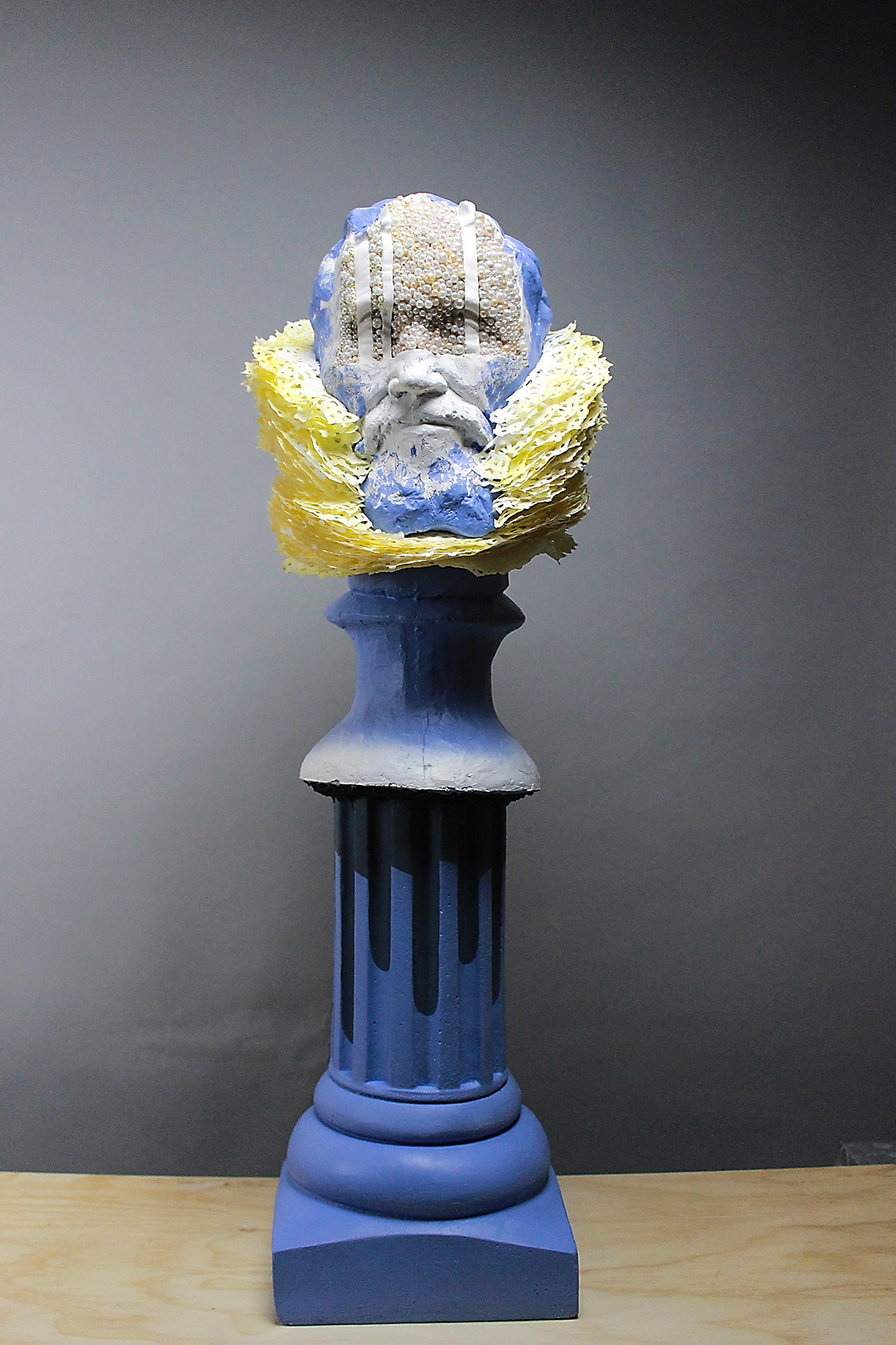 “Gills: Grow A Pair”, 2020, Plaster, paint, paper, beads, urethane foam, thermoplastic, wire, glue, 11”w x 33.5”h x 11”d