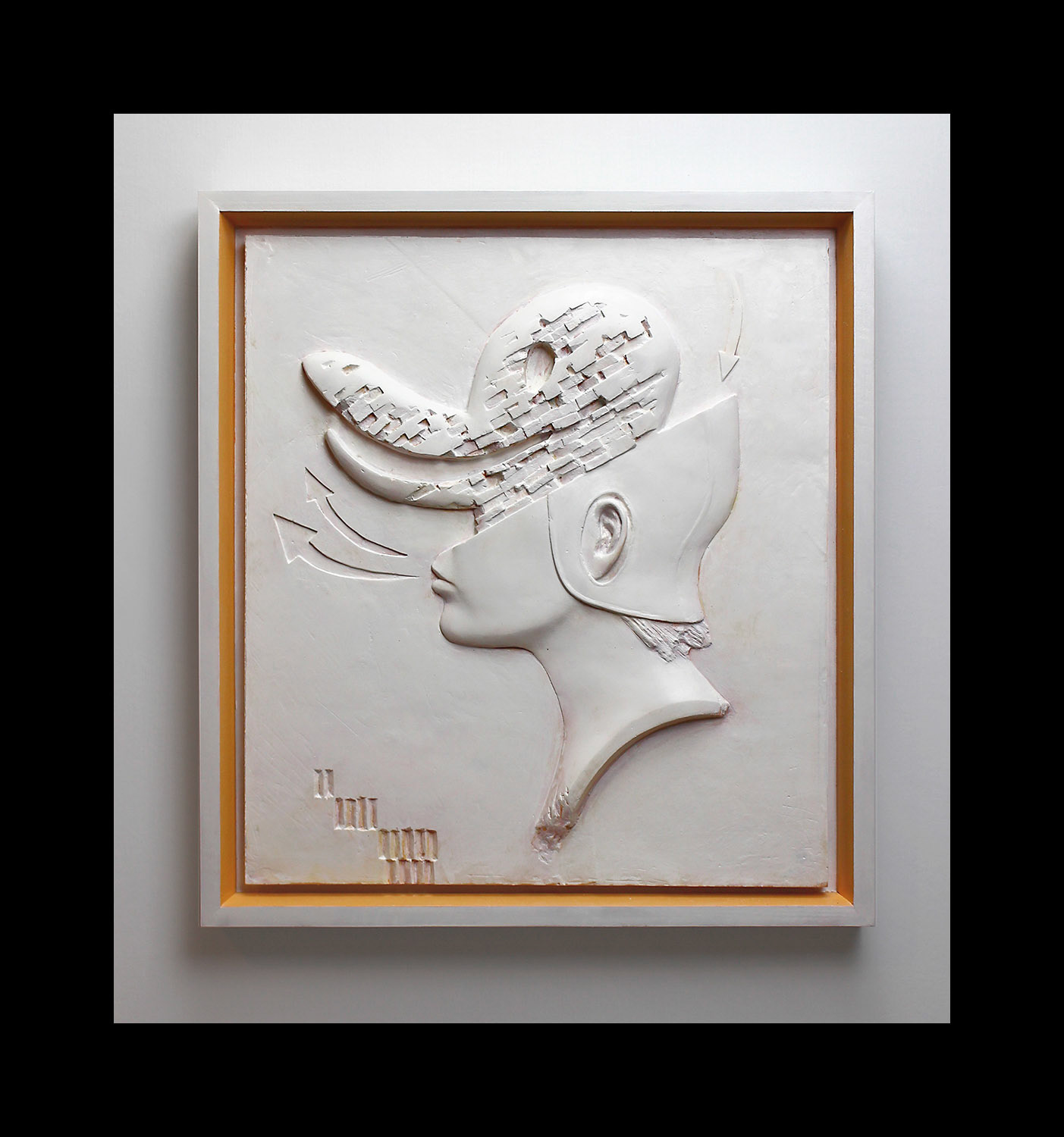 "Frequent Flyer", 2024, Fiberglass reinforced plaster, paint, wood, 17.25"w x 18.625"h x 1.875"d