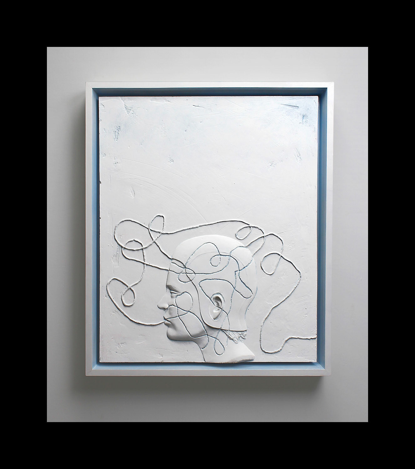 "Interference Blue", 2024, Fiberglass reinforced plaster, paint, wood, 20.25"w x 24"h x 2.625"d