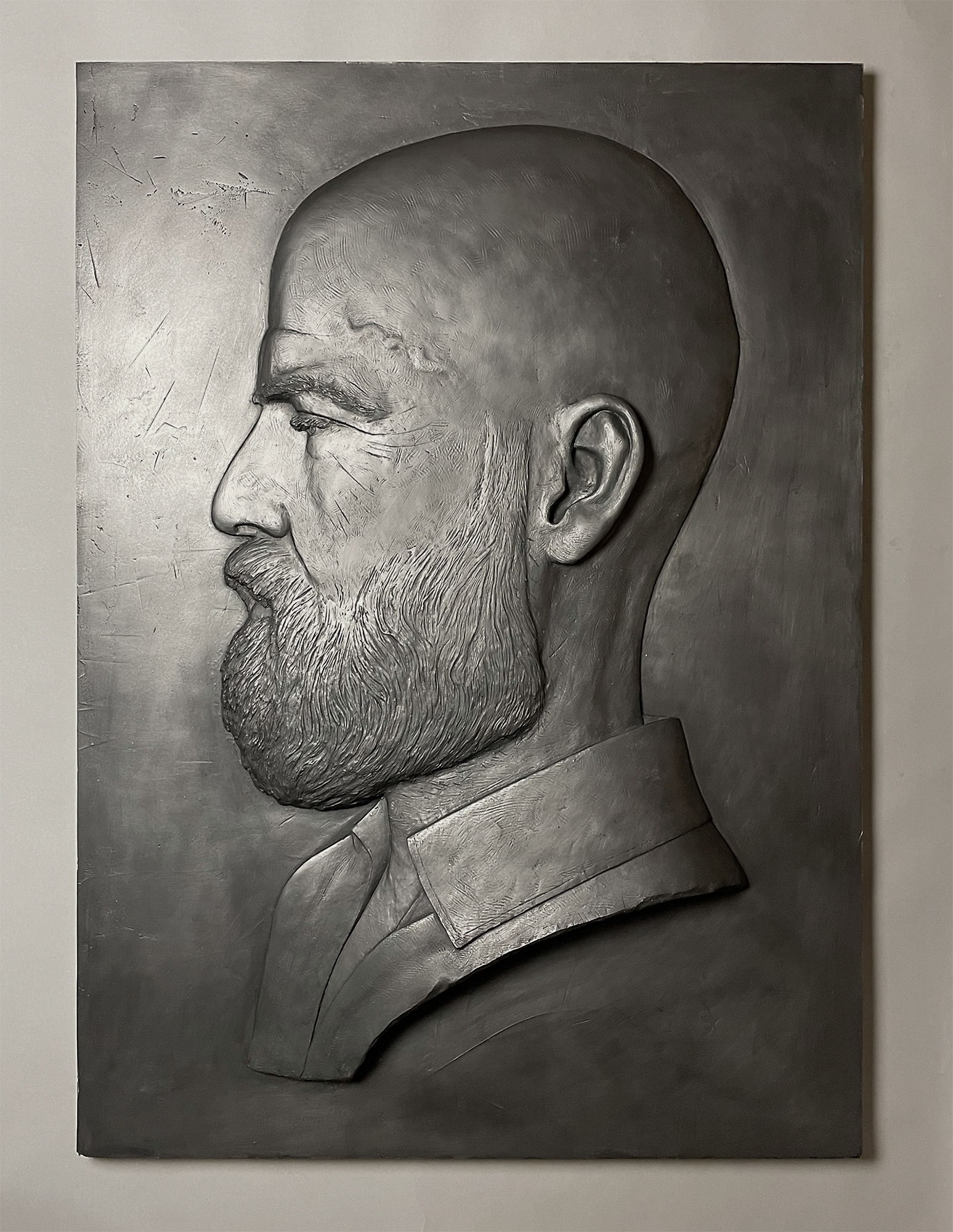 "Fightin' Doug", 2022, Fiberglass reinforced plaster, graphite, resin, wood, 38"h x 28"w x 3"d inches