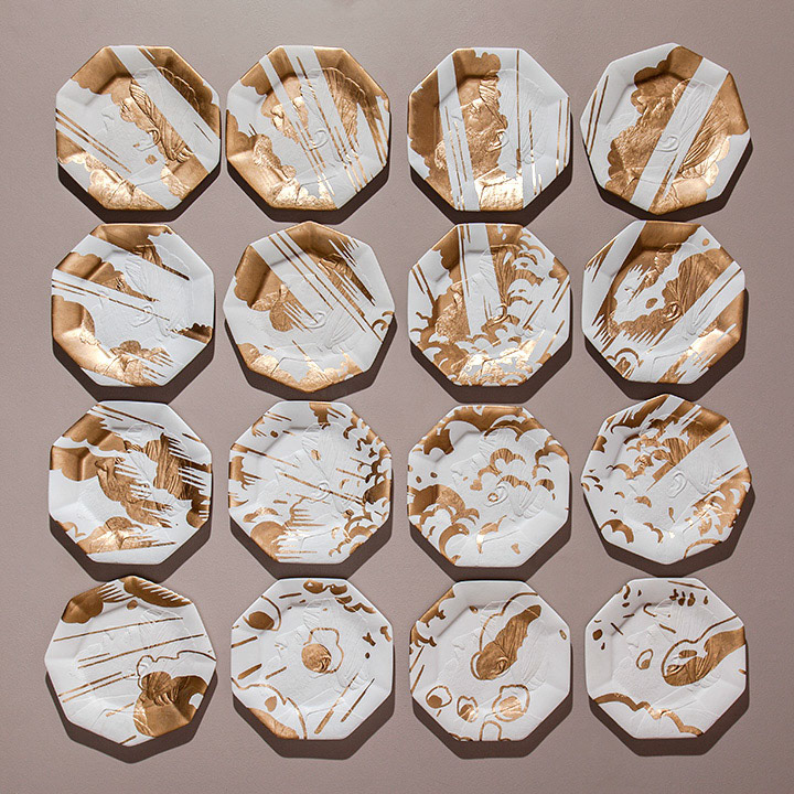 “Safe Distance”, 2014, Plaster, enamel, indiv. plates 11” diameter, total dimensions variable