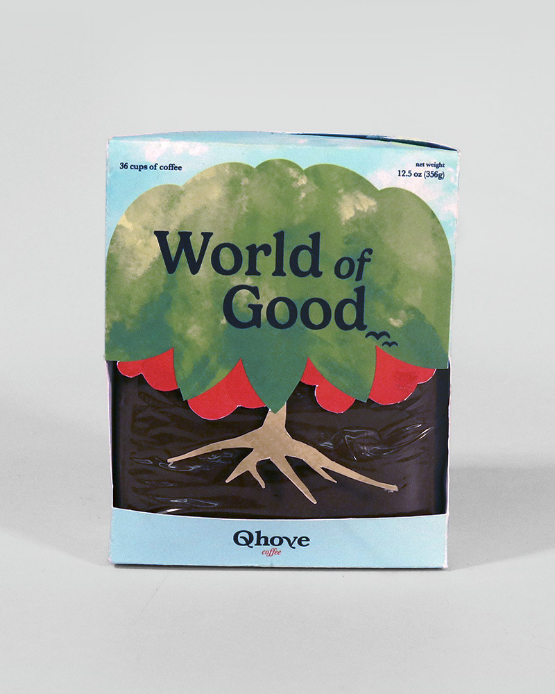 The World of Good coffee packaging is based on the coffee plant, with the coffee itself acting as the dirt that the plant grows from.