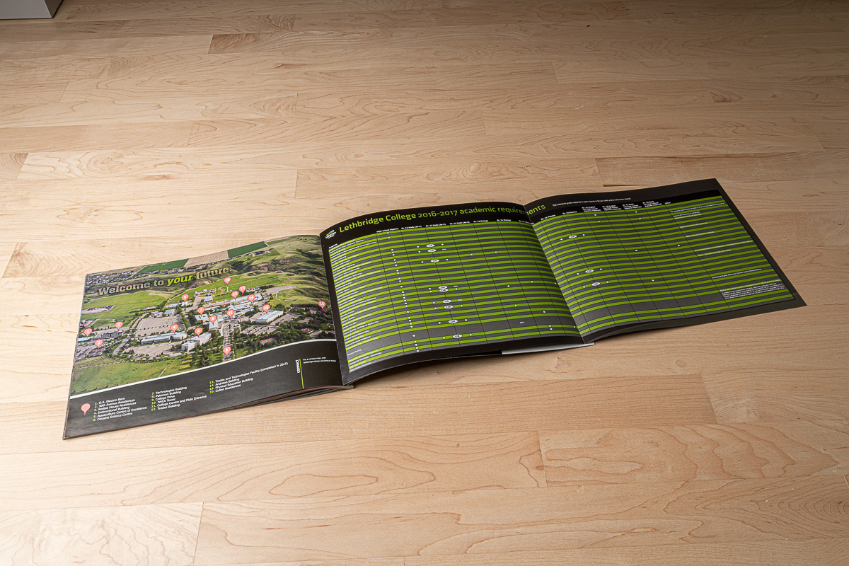 Viewbook aerial photography, layout and design for Lethbridge College.