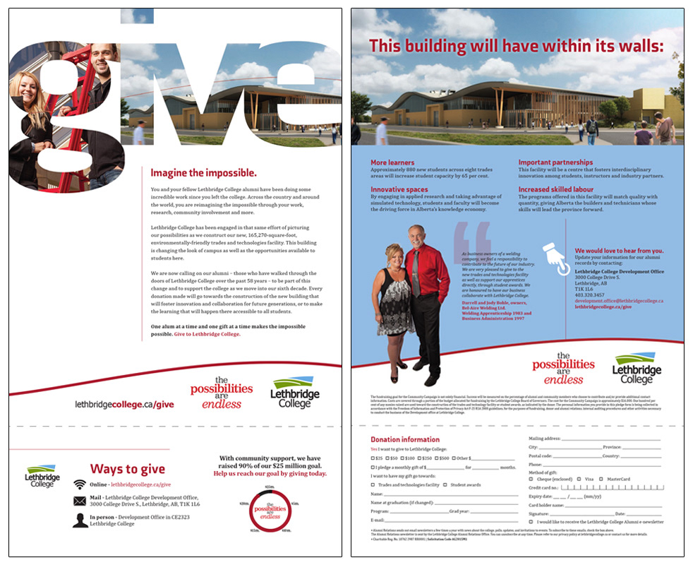 Fundraising mailout photography and design for Lethbridge College.