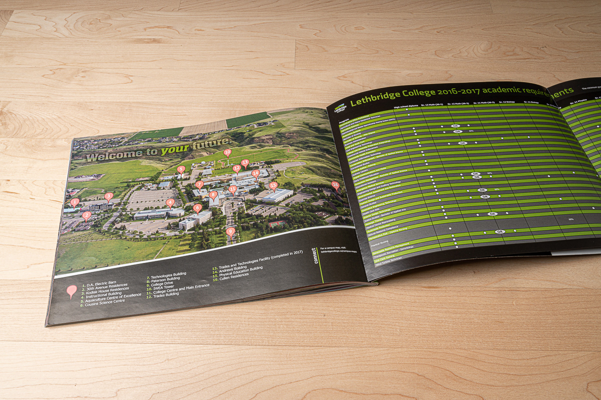 Viewbook aerial photography, layout and design for Lethbridge College.