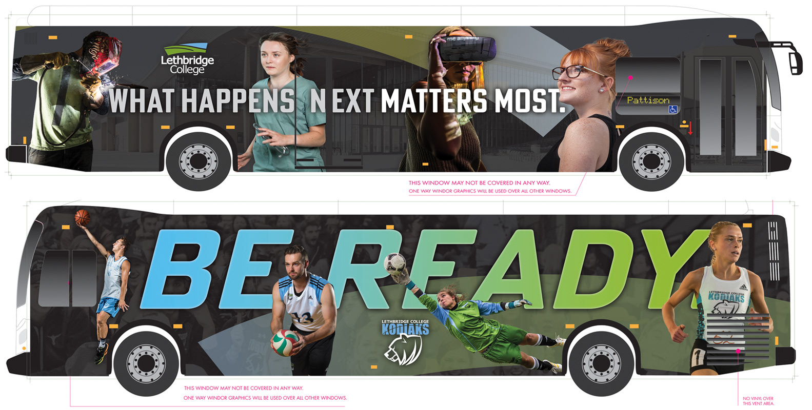 Bus wrap photography, design and campaign development for Lethbridge College.