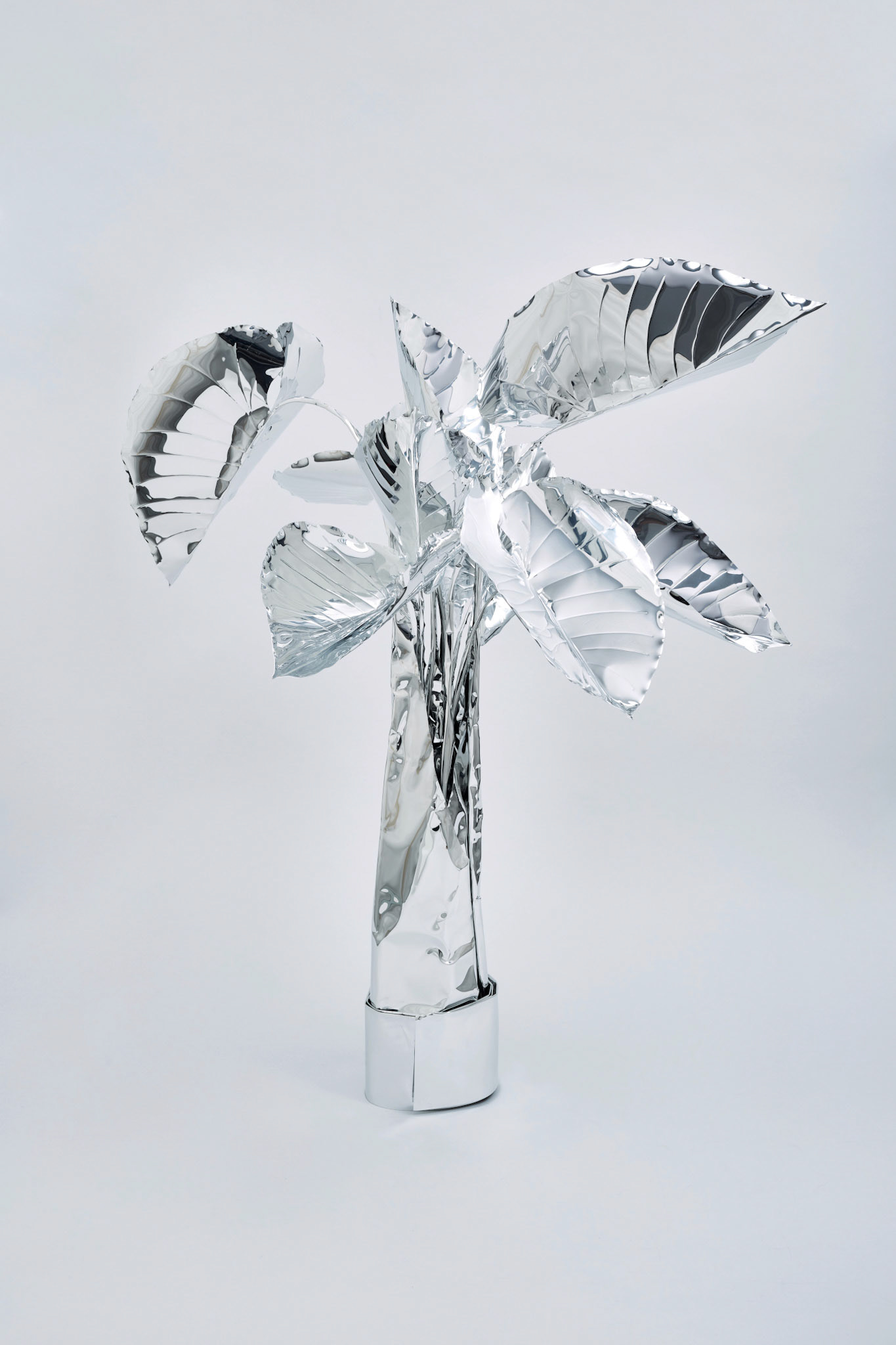 The Aluminum Garden -Structural Studies of Plants- Elephant Ear Small  Year: 2020 Size: 100x87x80/(h)x(w)x(d)cm Material: Aluminium foil 0.2mm (Mirror polished surface) Photo by Shinji Minegishi