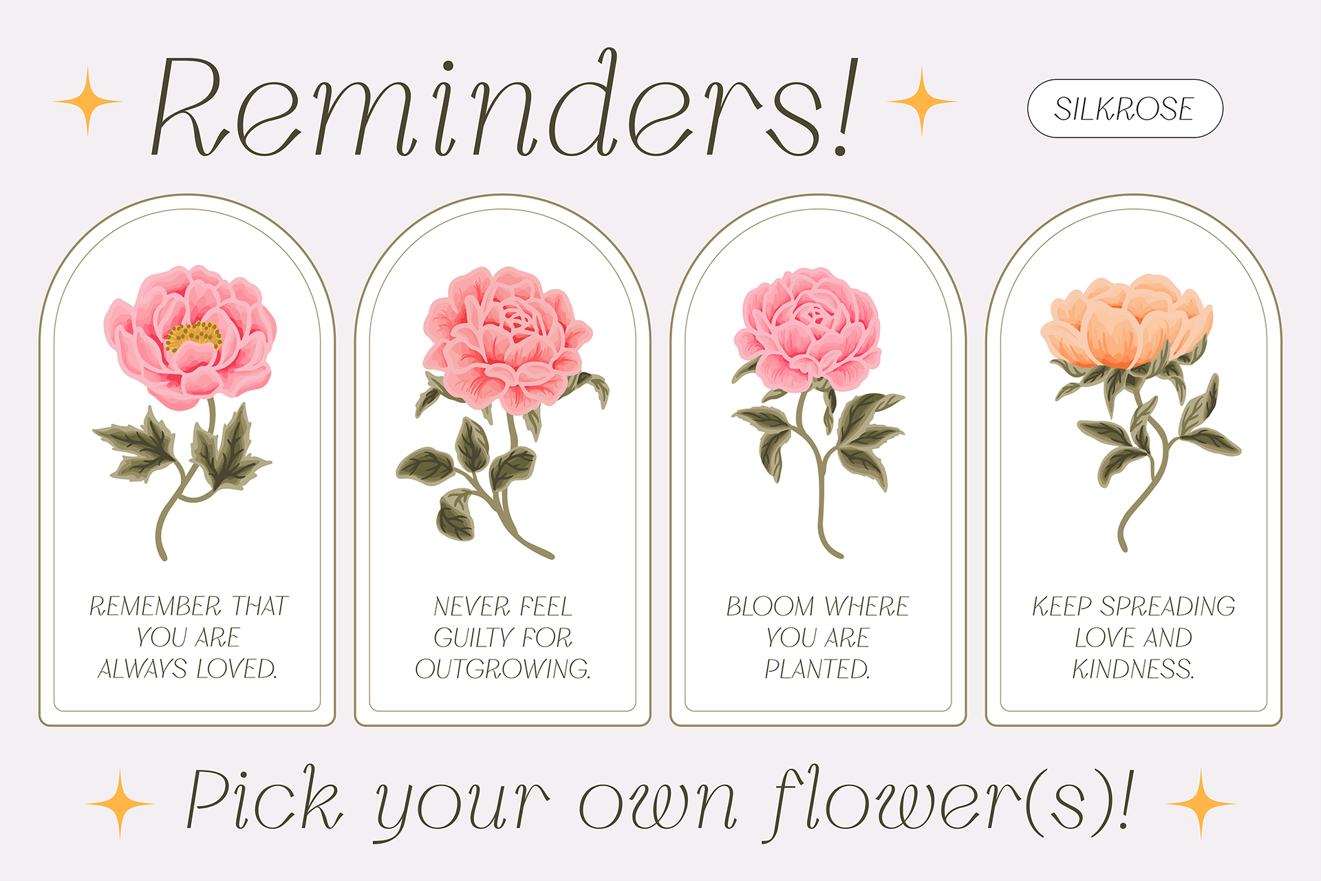 Silkrose modern aesthetic display font with elegant and beautiful curves, displayed with rose and peony flower element decorations