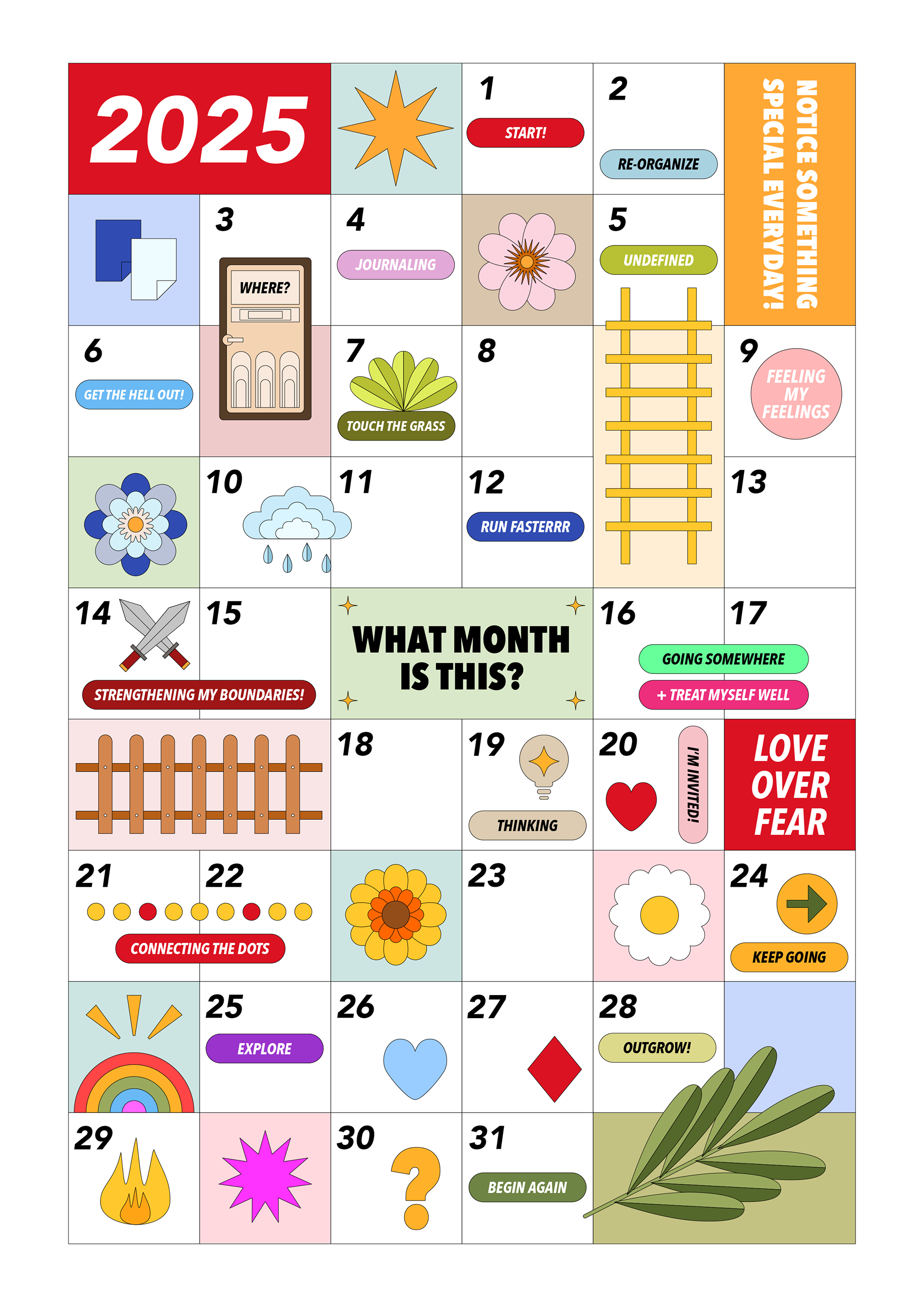 Colorful monthly calendar design with playful vector illustration design