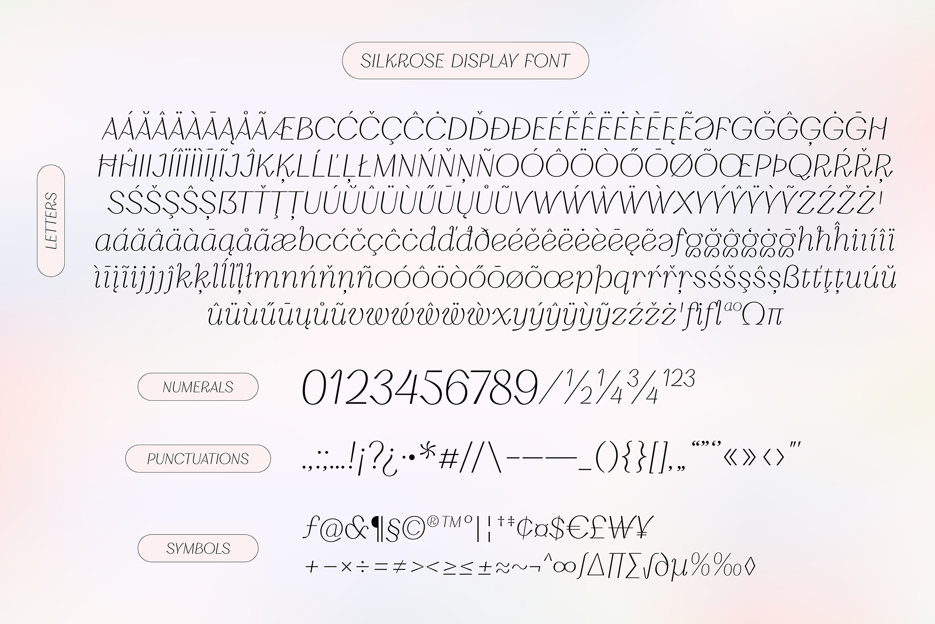 Full character set on Silkrose display font including uppercase, lowercase, numerals, punctuation, and multilingual characters