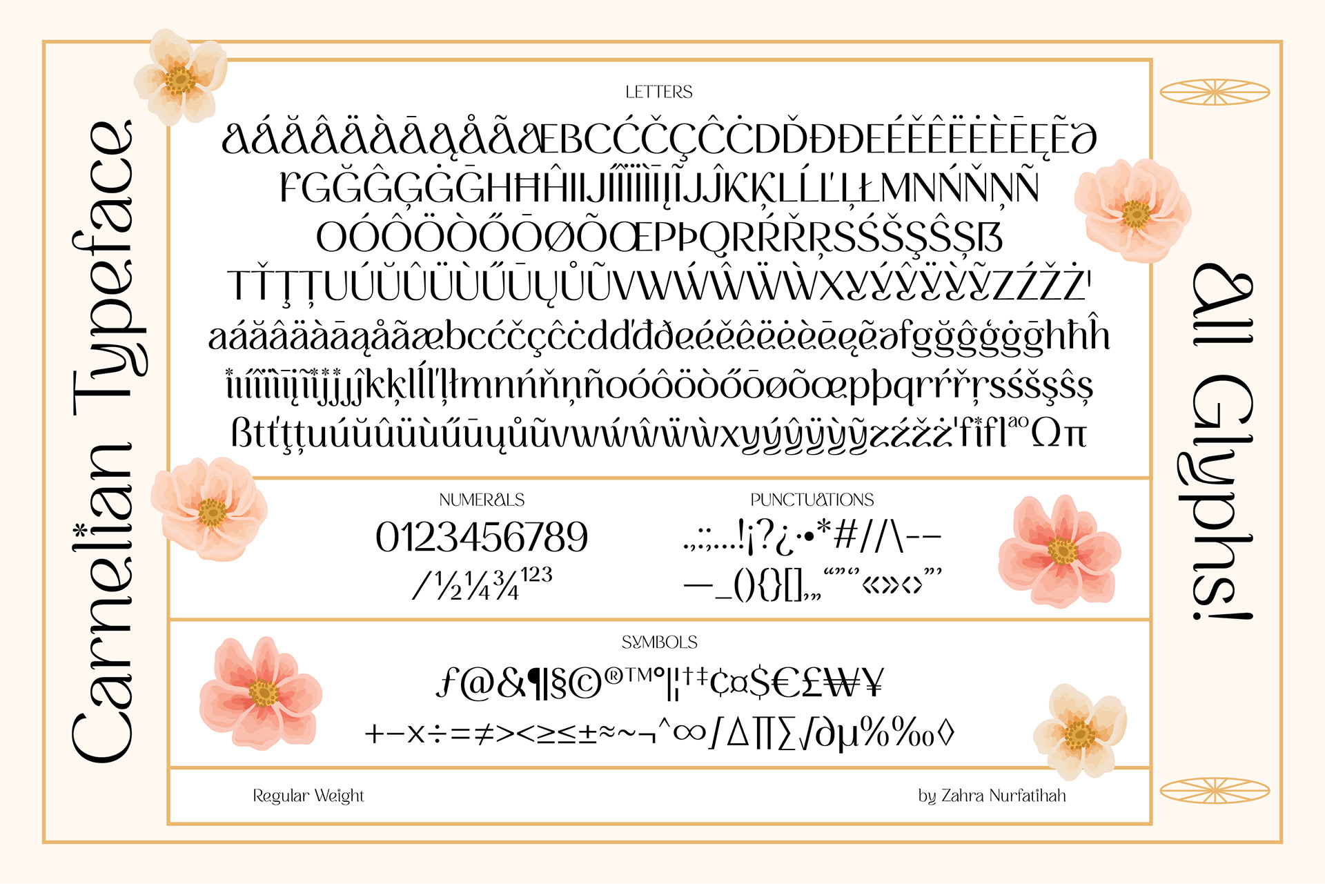 Full character set of Carnelian Sans Serif Font including uppercase, lowercase, numerals, punctuation, and multilingual characters, visually decorated with orange and yellow flower elements