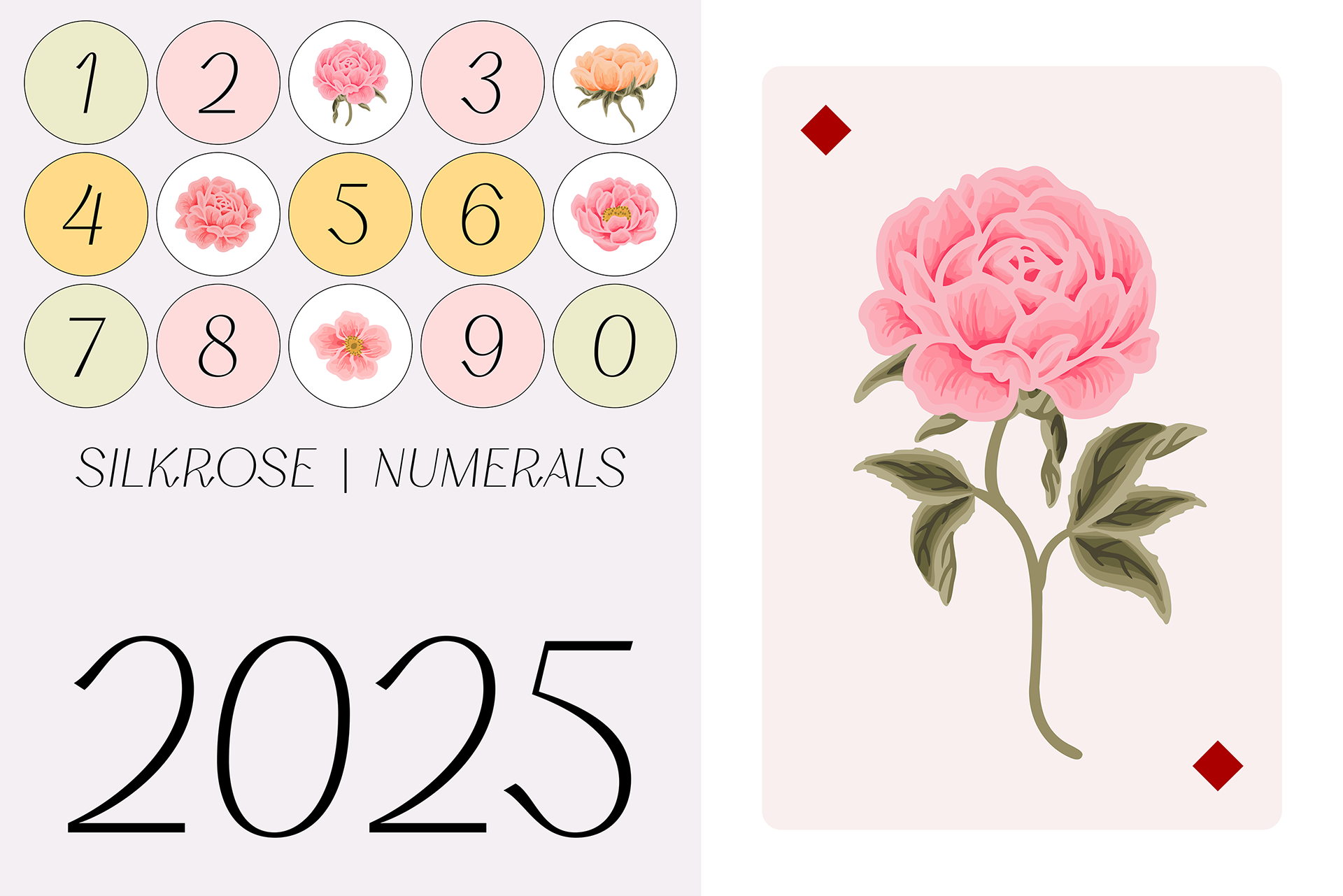 Sample of numerals from Silkrose display font with Pink Rose Flower visual elements