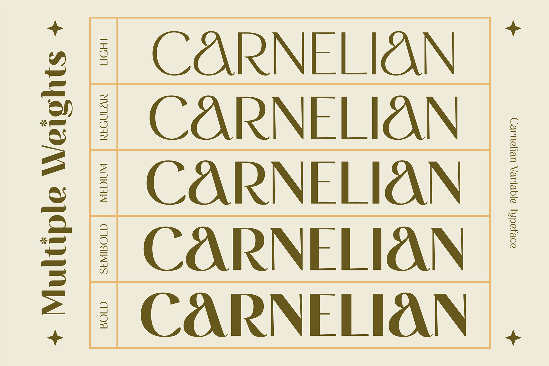 Sample of Carnelian display variable font with multiple weights