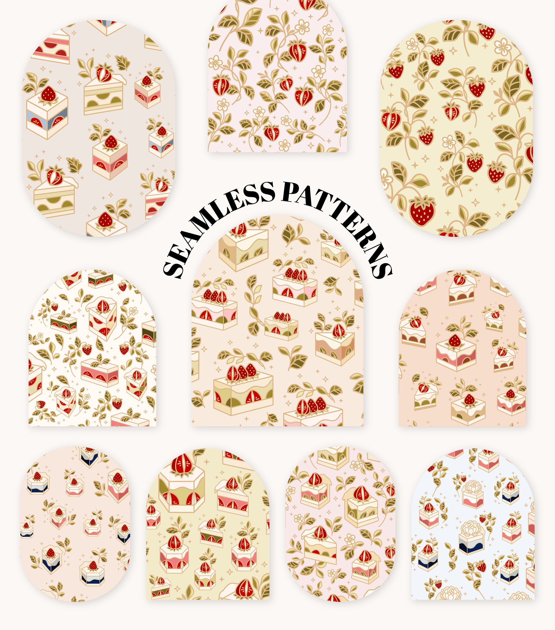 Collection of seamless design pattern with strawberry cake illustrations by artflorara