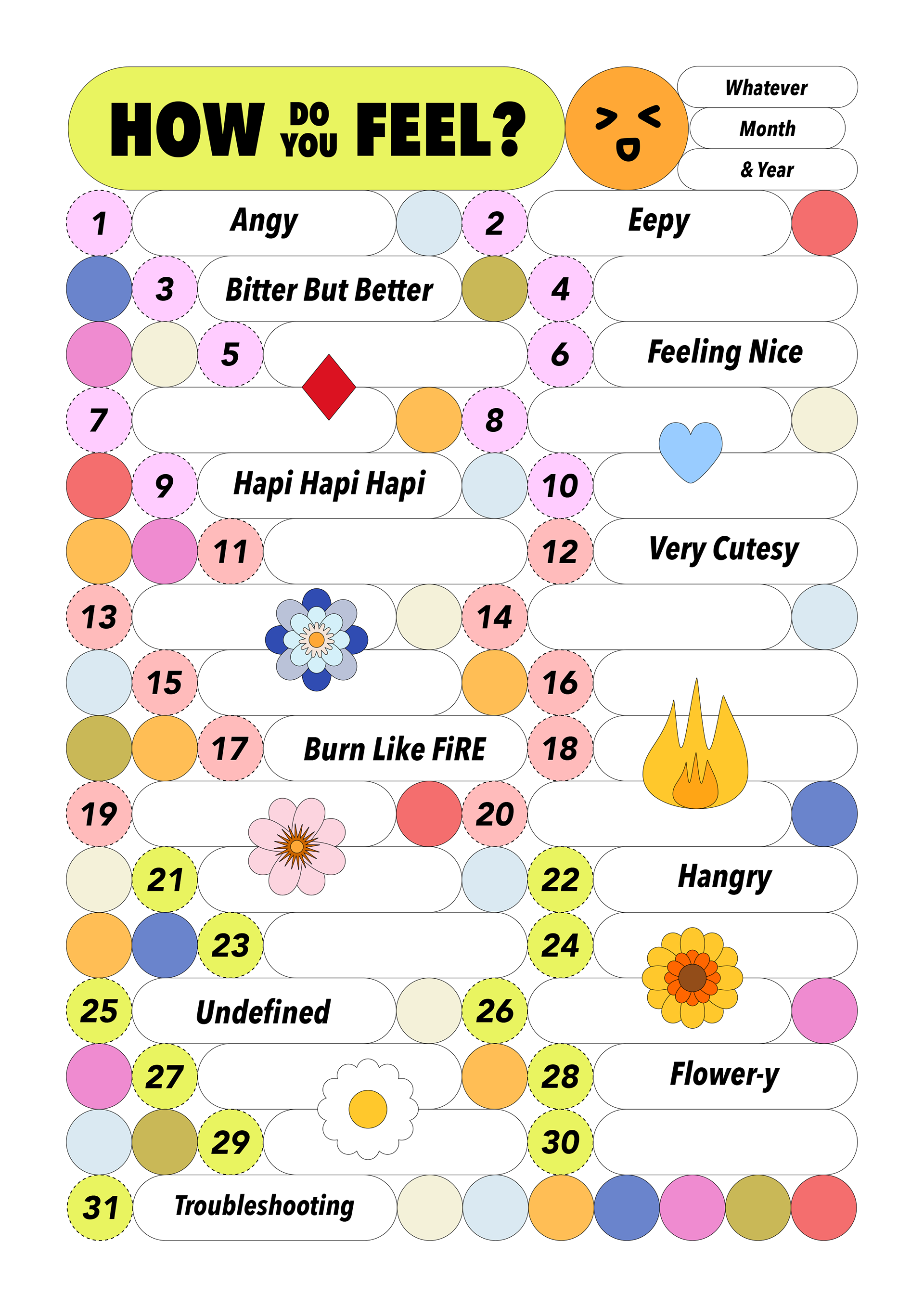 Colorful monthly feeling tracker design with playful vector illustration design