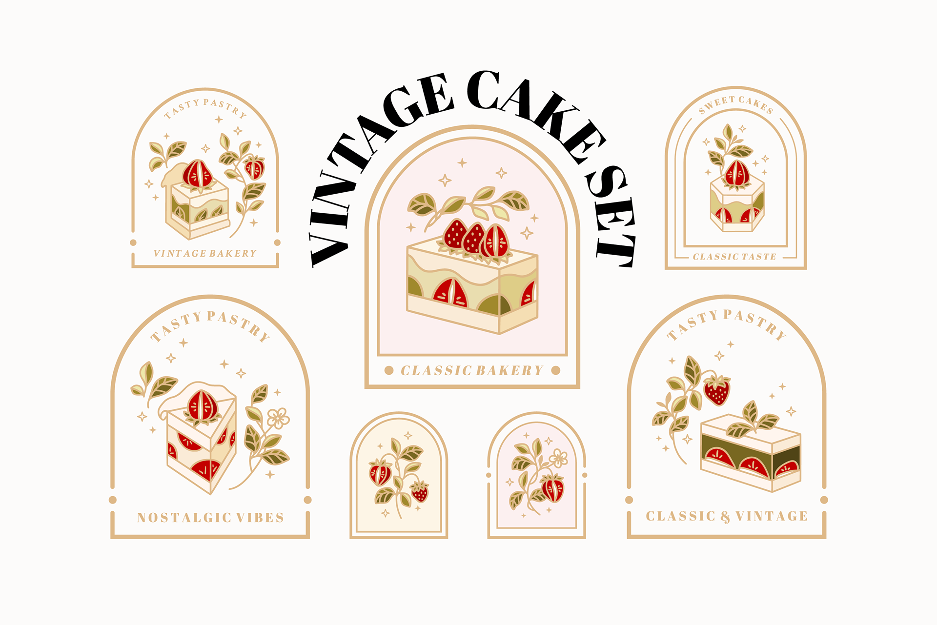 Vintage strawberry cake logo illustration collection