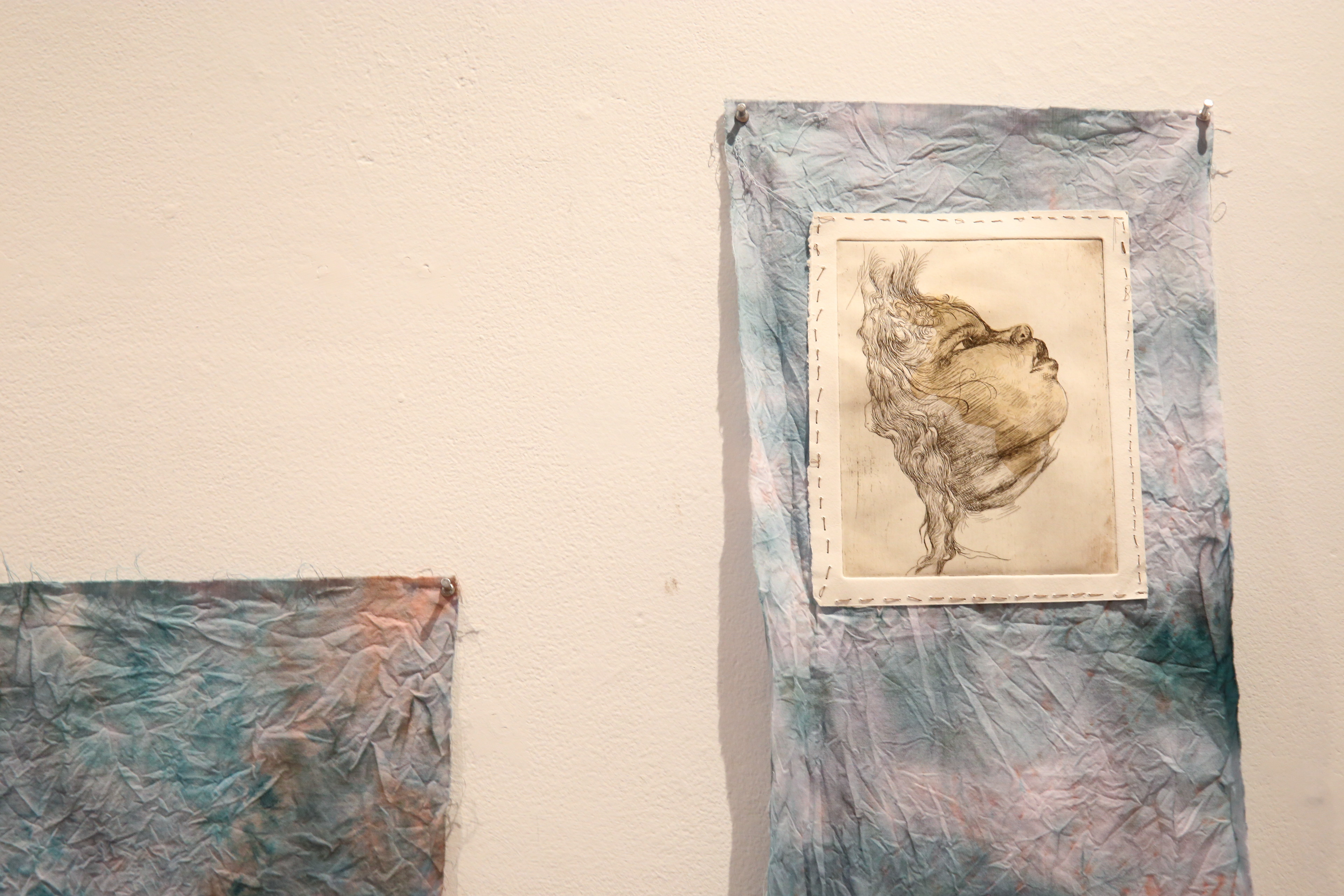 Mom's Prayers, Sewed Intaglio Aquatint and Etching with Hand-dyed Chine-colle onto Fabric, 2023