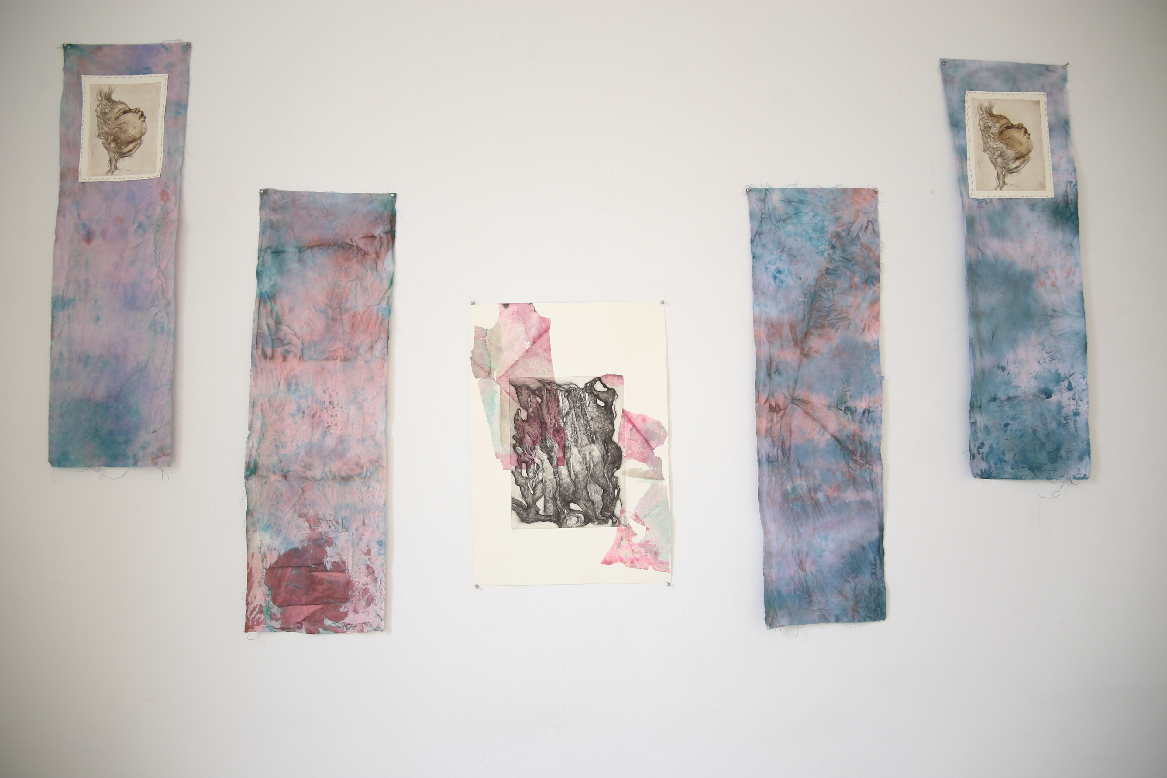 Mom's Prayers, Hand-Dyed Fabric Tapestries with Threaded Intaglio Prints