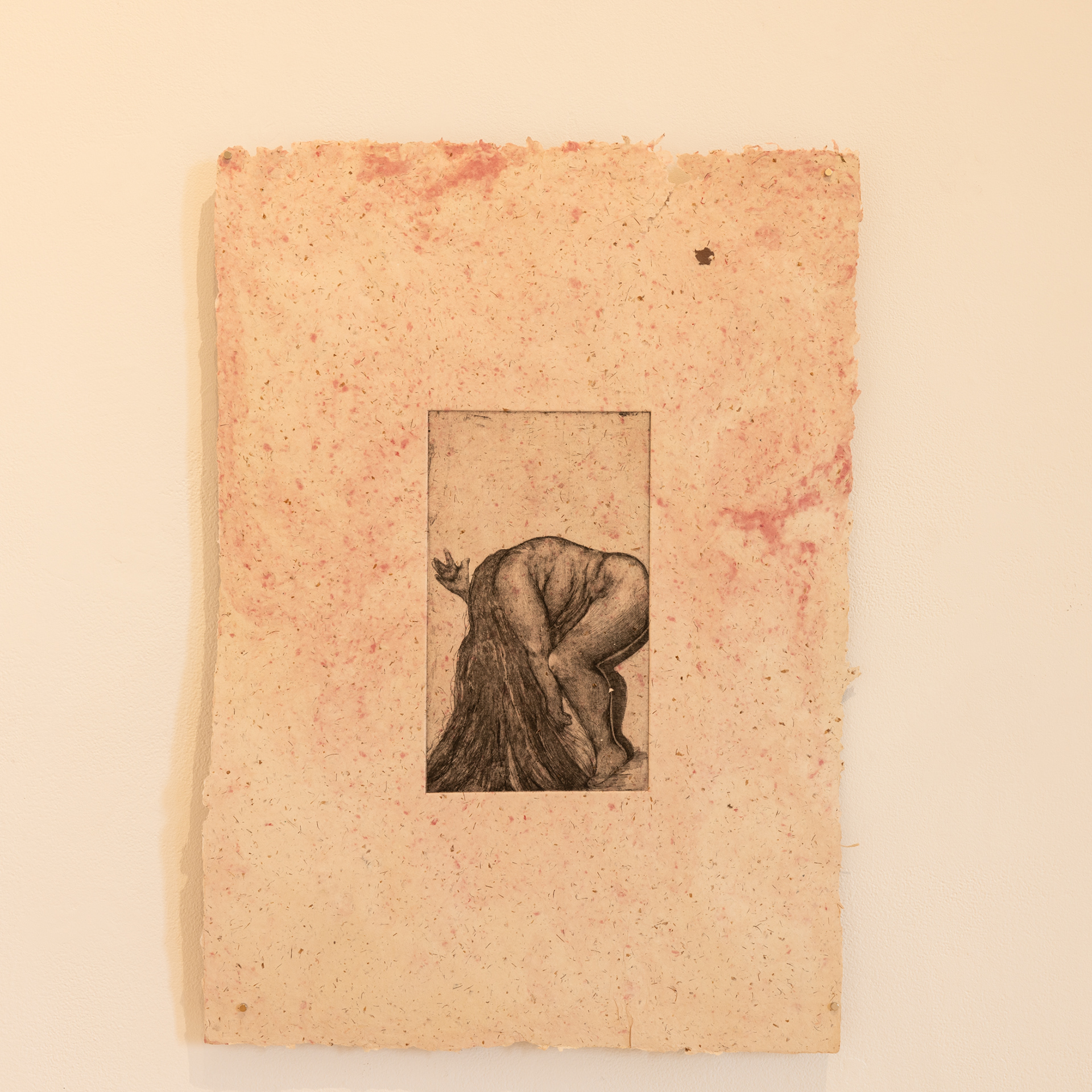 Savannah Flores, Give and Give/Take and Take, 2023. Intaglio with Soap-ground and Soft-ground on Cochineal (Pink/Red tones) paper Pulp painted onto Corn Husk Abaca and Cotton Paper, 20” x 30”.