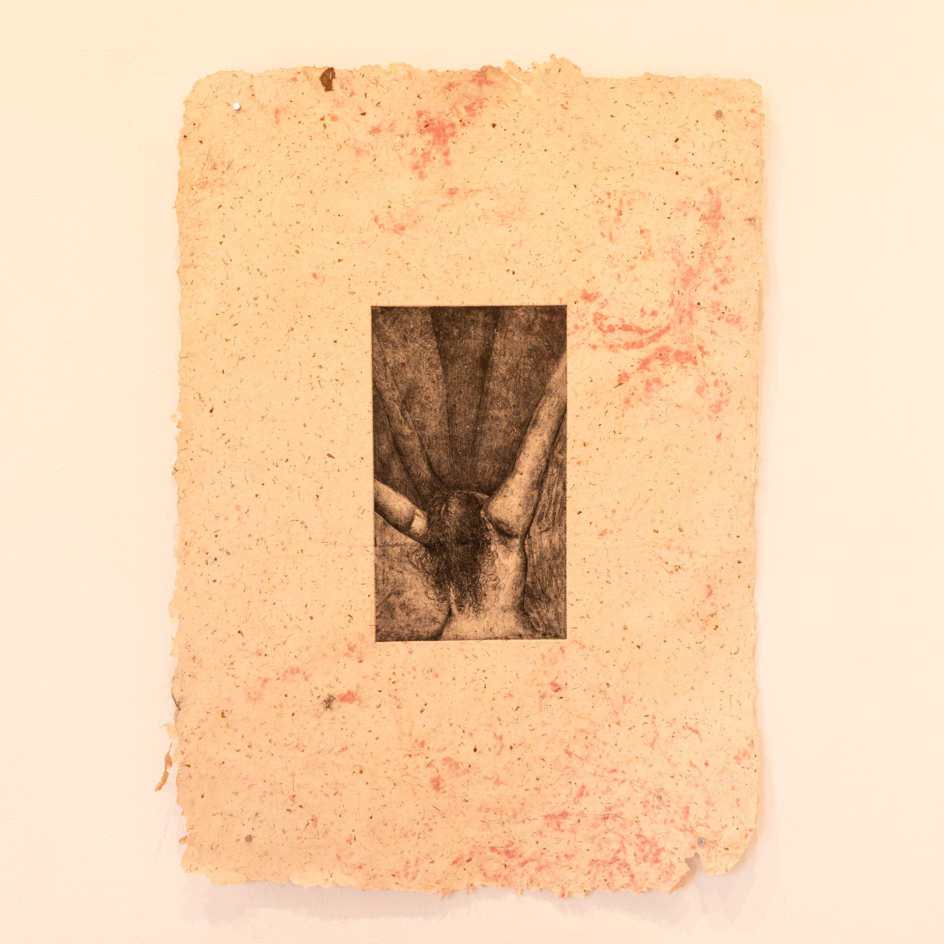 Savannah Flores, Sacrifice, 2023. Intaglio on Cochineal (Pink/Red tones) paper Pulp painted onto Corn Husk Abaca and Cotton Paper, 20” x 30.