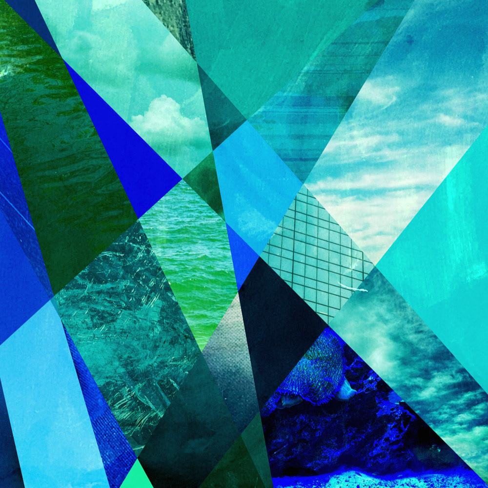 A square graphic cut up by crossing lines, all going in different directions; the shapes formed by the cuts are filled with shades of blue or photos that are naturally blue, including skies, clouds, paint textures, underwater life, and the side of a glass building.