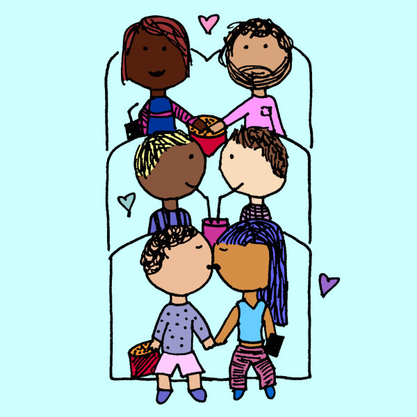 A drawing of three couples seated in a movie theater. The first couple kiss; the second couple sip straws from the same cup; and the third couple hold hands.