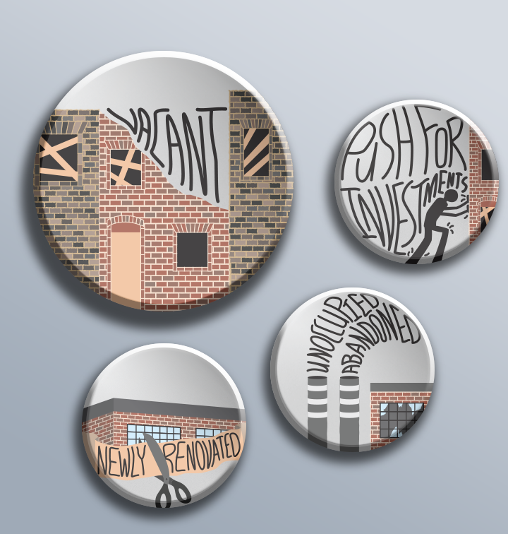 Four illustrations on buttons with hand lettering and brick patterns