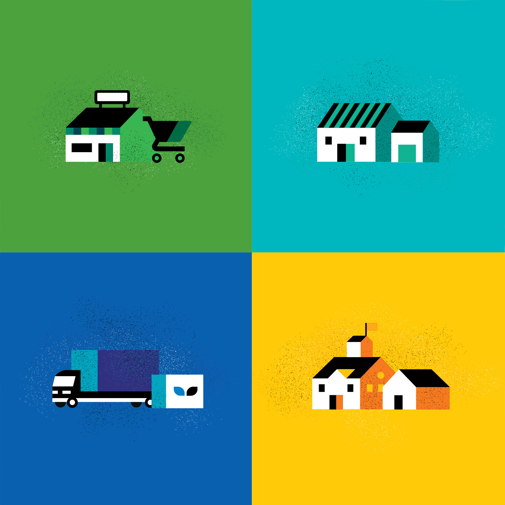 From top left and clockwise: Grocery store, Food Organizations, School Backpack programs, and Transport