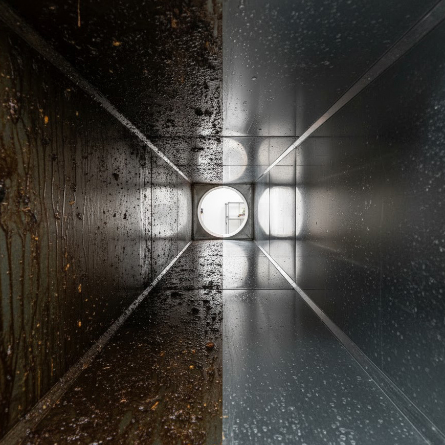 Bonifica condotti aspirazione prima e dopo:confronto visivo tra la superficie contaminata e quella igienizzata.