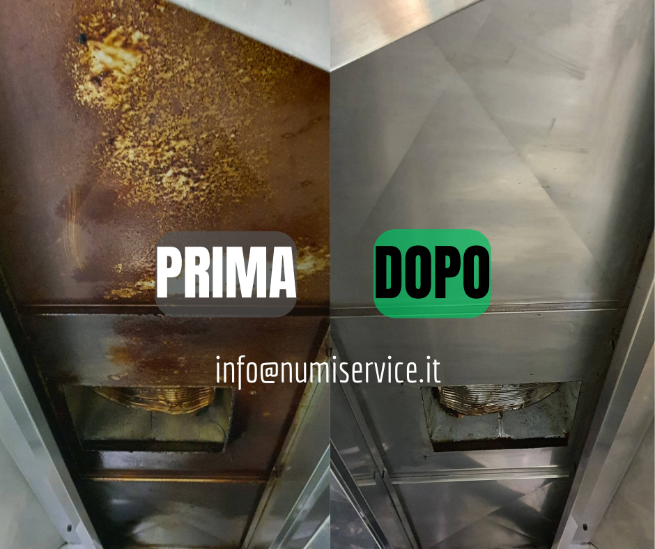 Pulizia Cappe Industriali: immagine prima e dopo la rimozione del grasso e la sanificazione profonda da parte di NUMI SERVICE.