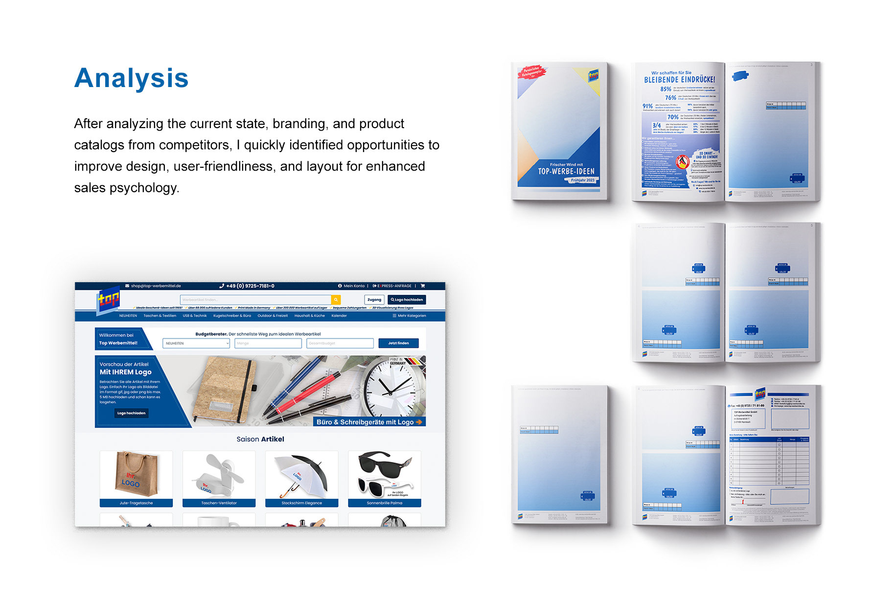 Analysis: After analyzing the current state, branding, and product catalogs from competitors, I quickly identified opportunities to improve design, user-friendliness, and layout for enhanced sales psychology. [Screenshot of website home page and previous catalog template layout]
