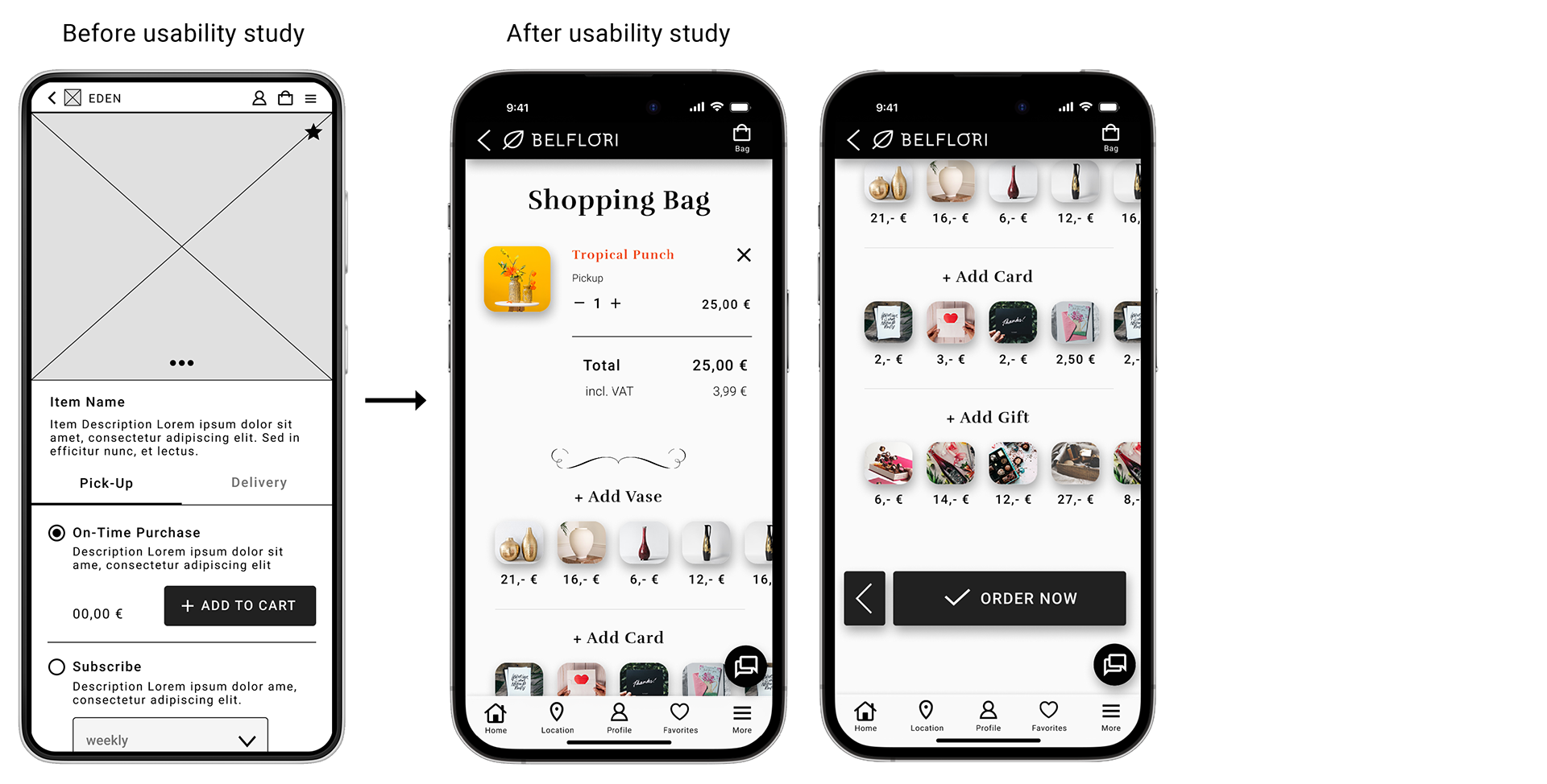 Mockup, shopping bag/cart, before and after usability study