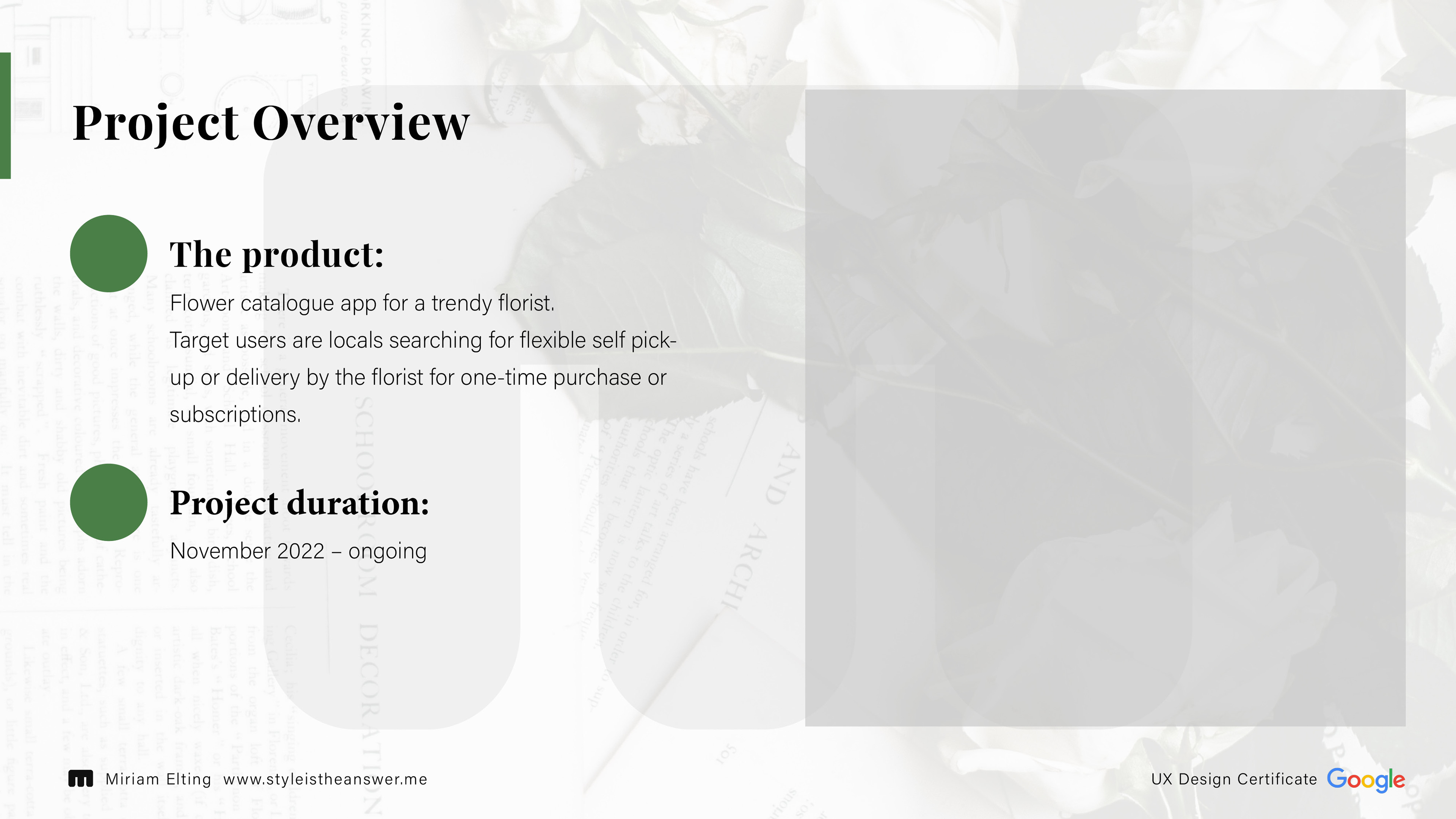 Project Overview – The Product: Flower catalogue app for a trendy florist. Target users are locals searching for flexible self pick-up or delivery by a local florist for one-time purchase or subscriptions.. – Project duration: Nov 2022 – ongoing